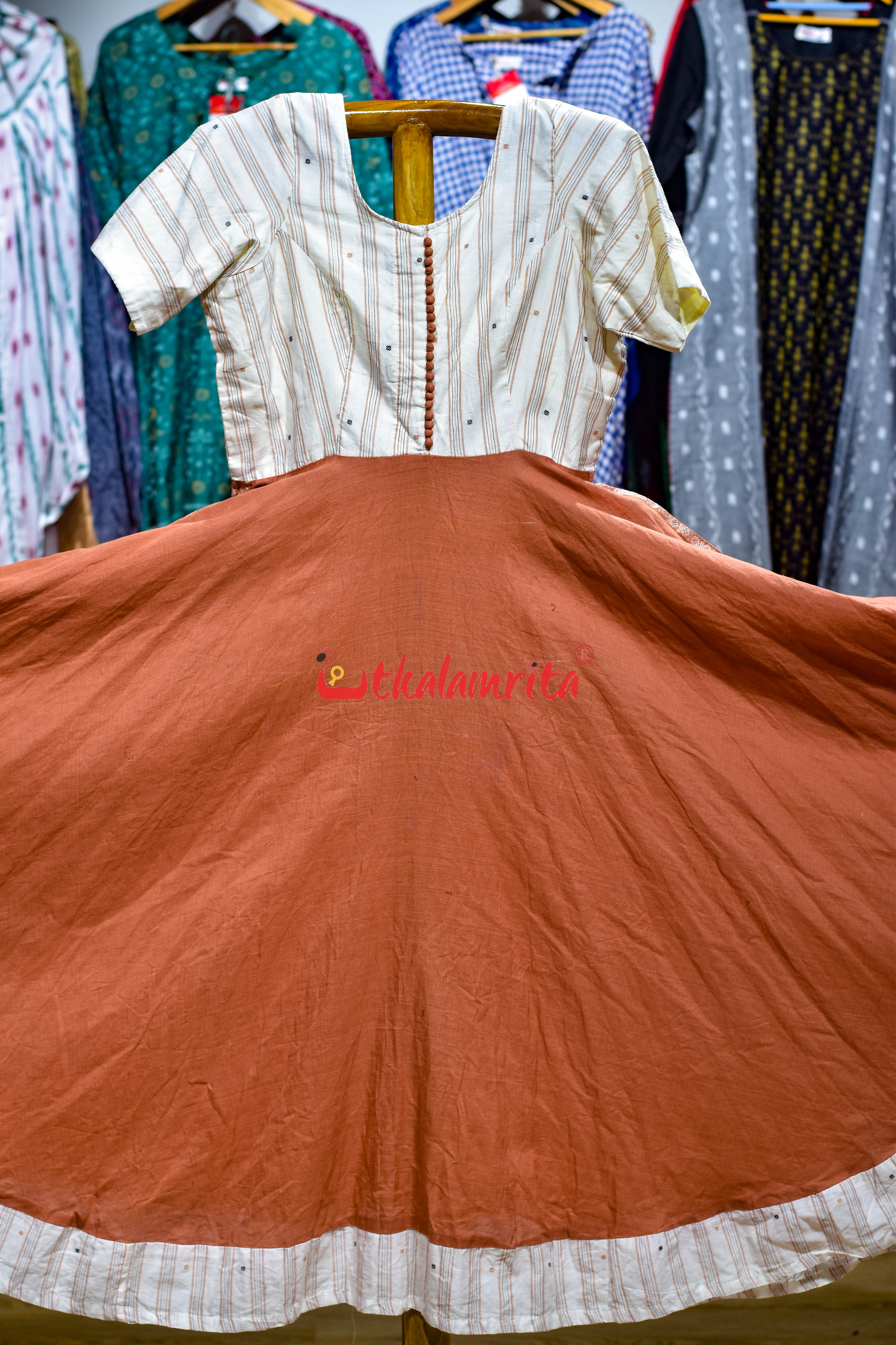 Brown White Stripes Buti Bomkai (Ladies Gown)