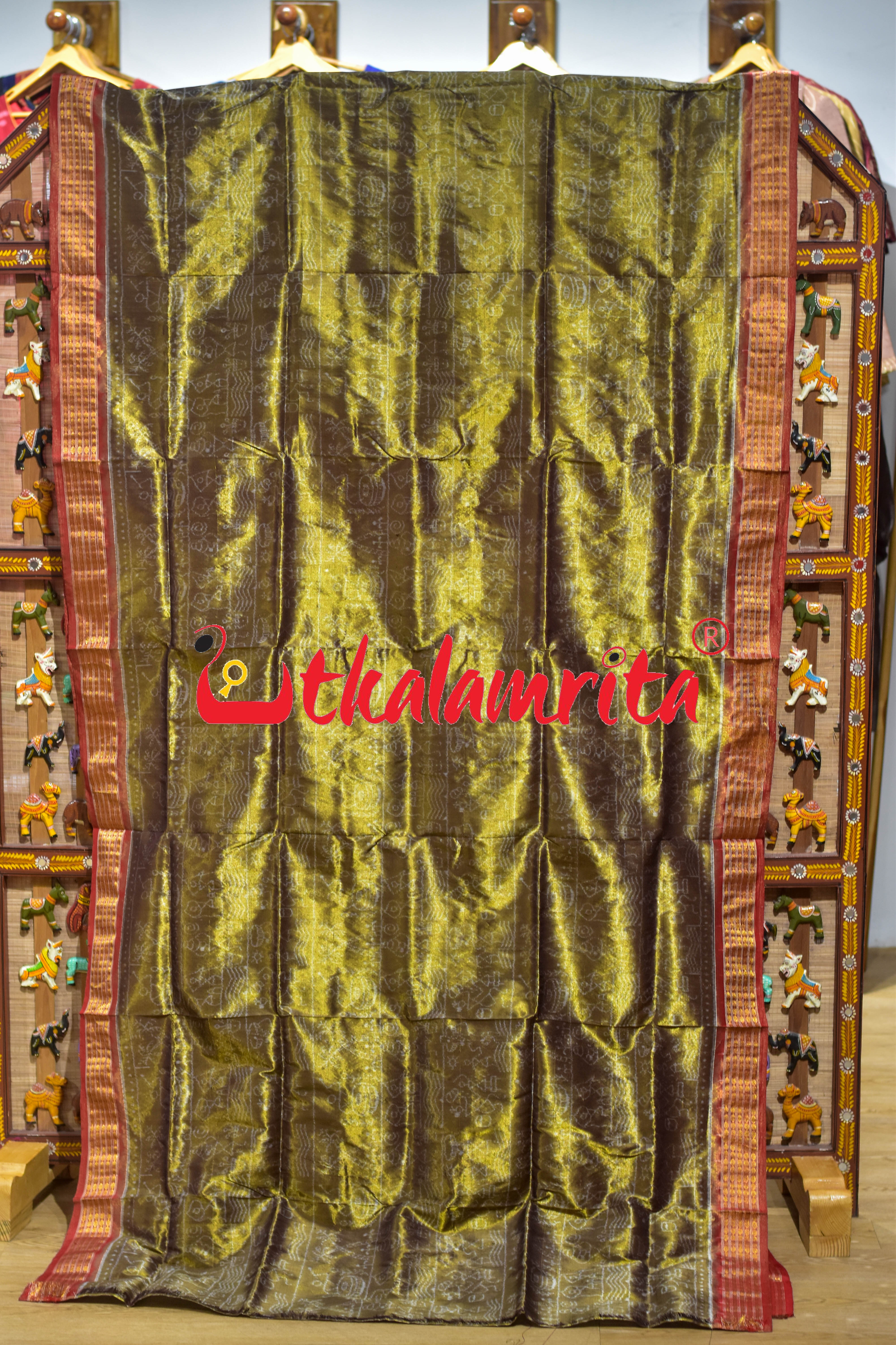 Olive Red Adibasi Full Tissue Sambalpuri Silk Saree