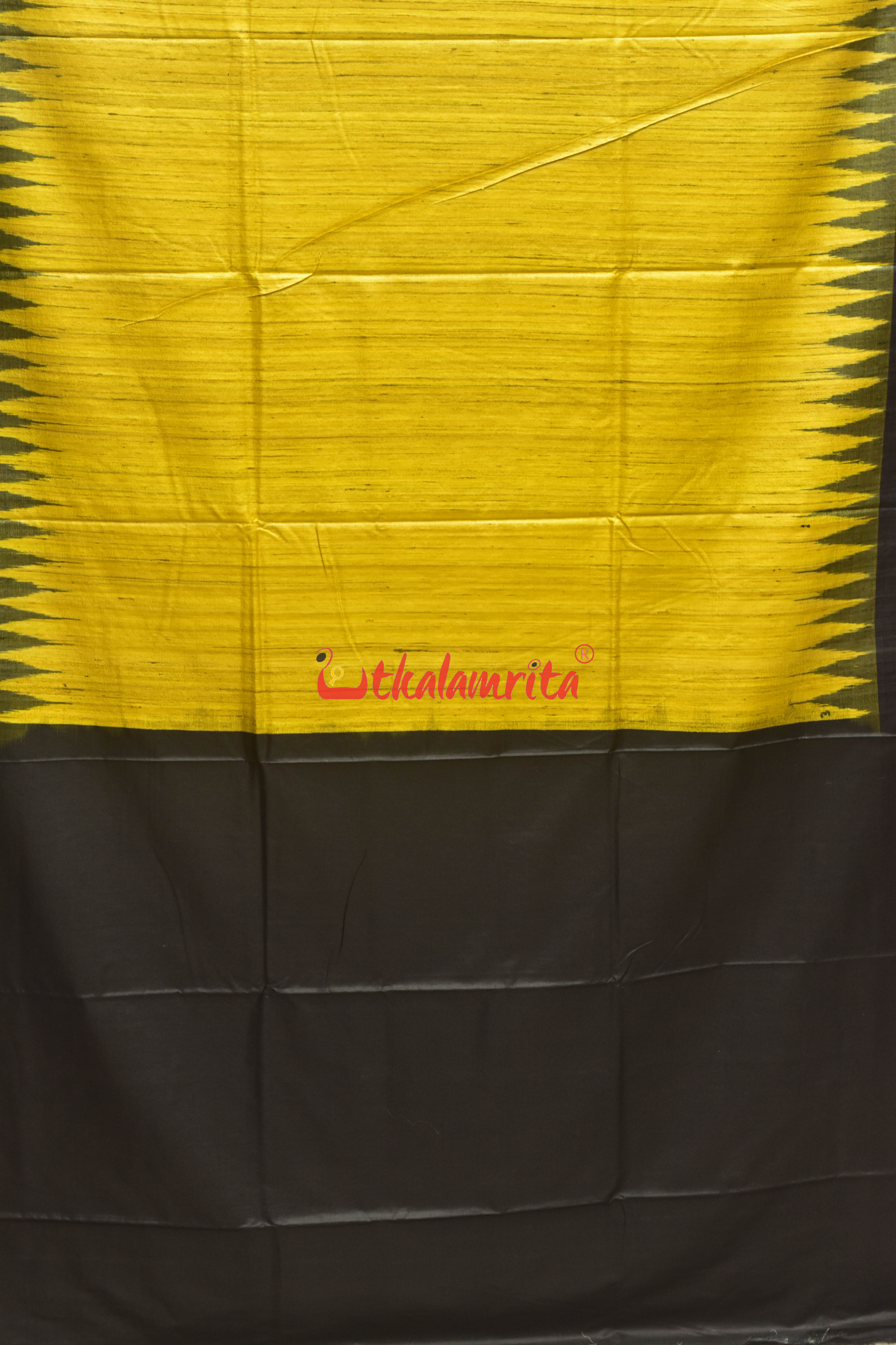 Yellow Black Tussar Ghicha Silk Saree