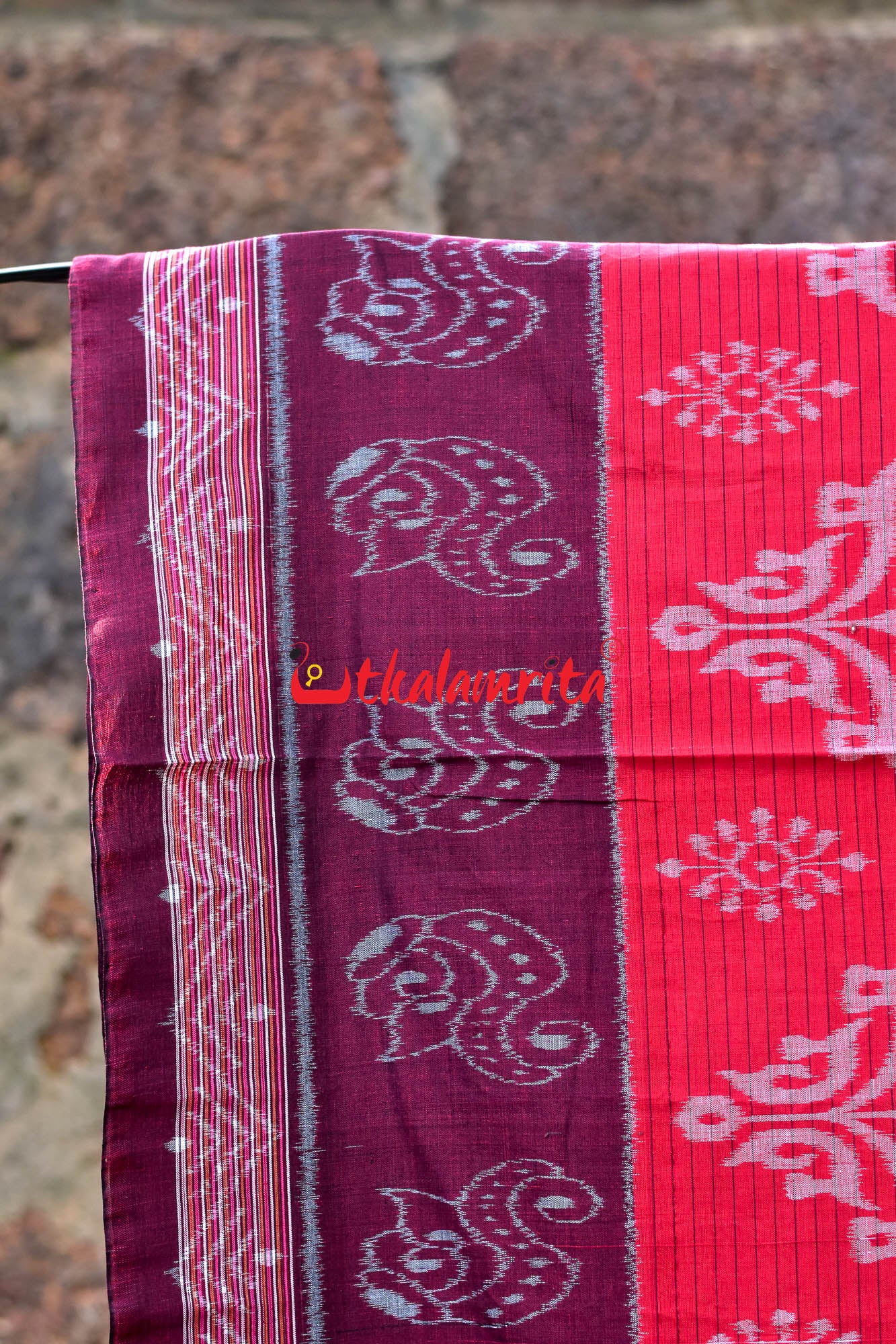 Red Maroon Sankha Khandua Cotton Saree