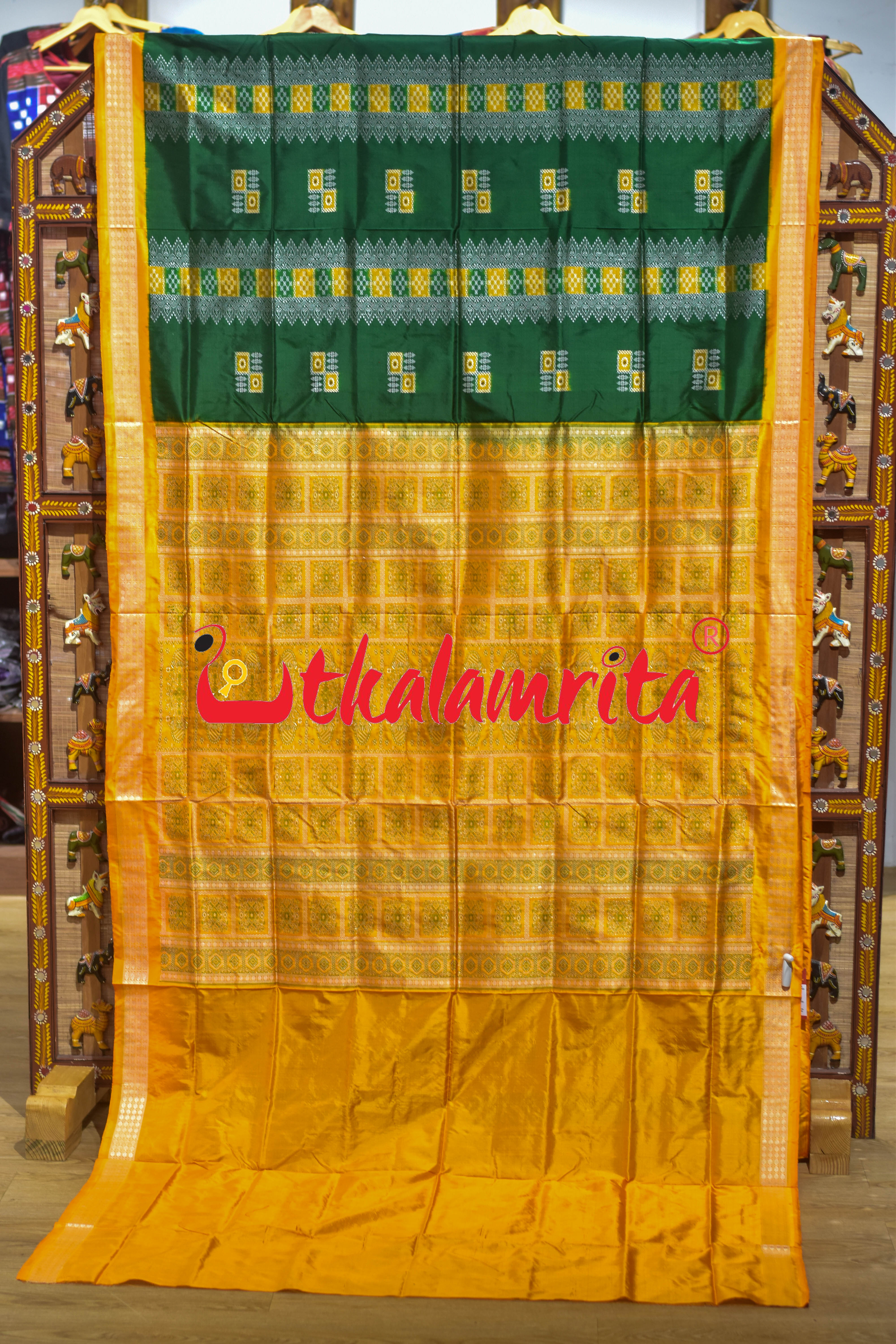 Peri Peri Green Yellow Bomkai Silk Saree