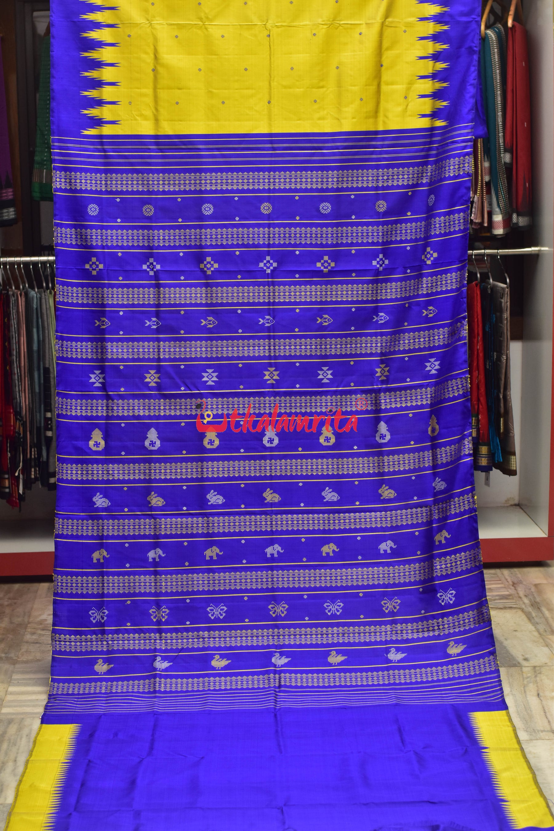 Goldenrod Fish Ducks Double Anchal Berhampuri Silk Saree