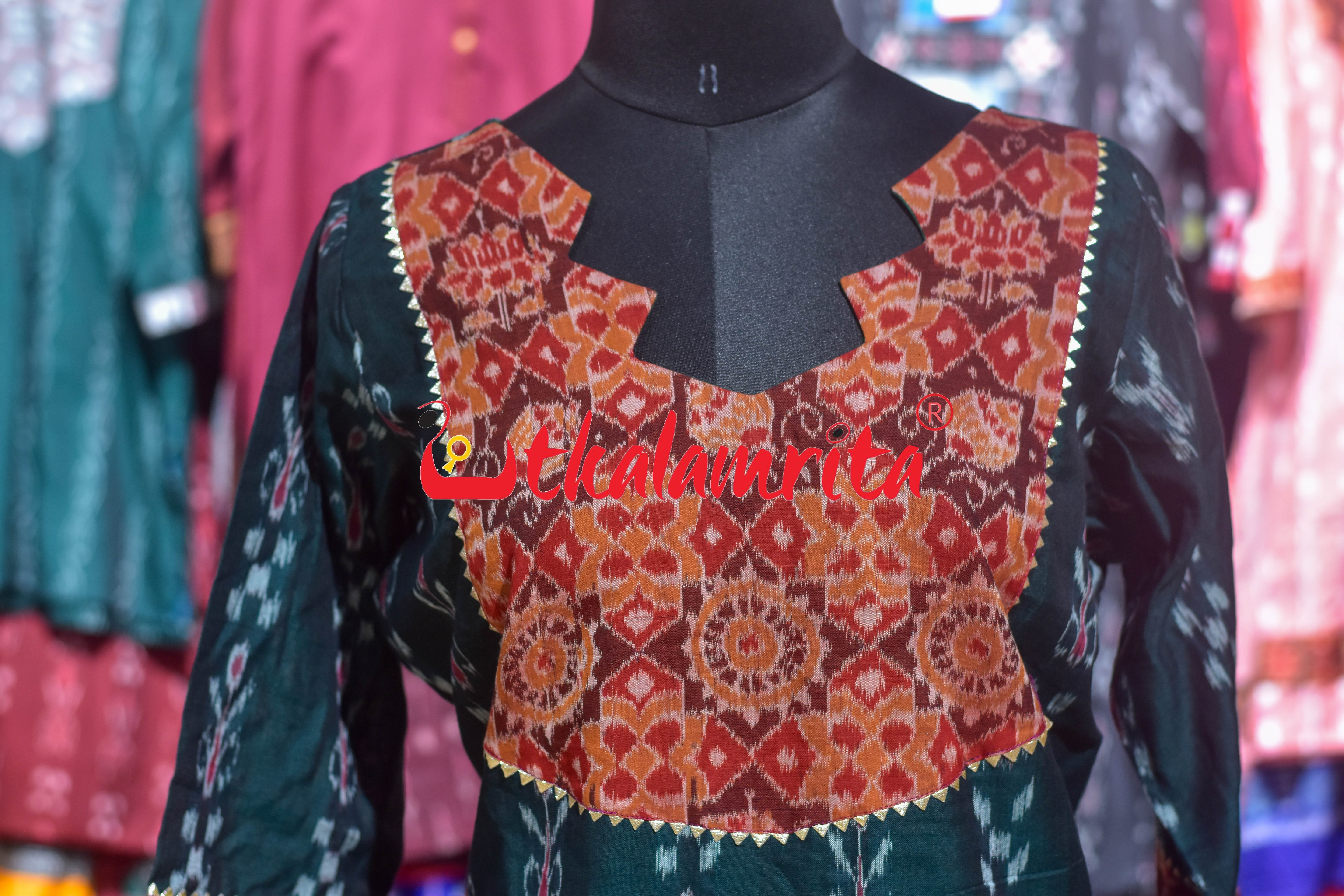 Deep Green Kadha with Rust Padma Chakra (Ladies' Kurti)