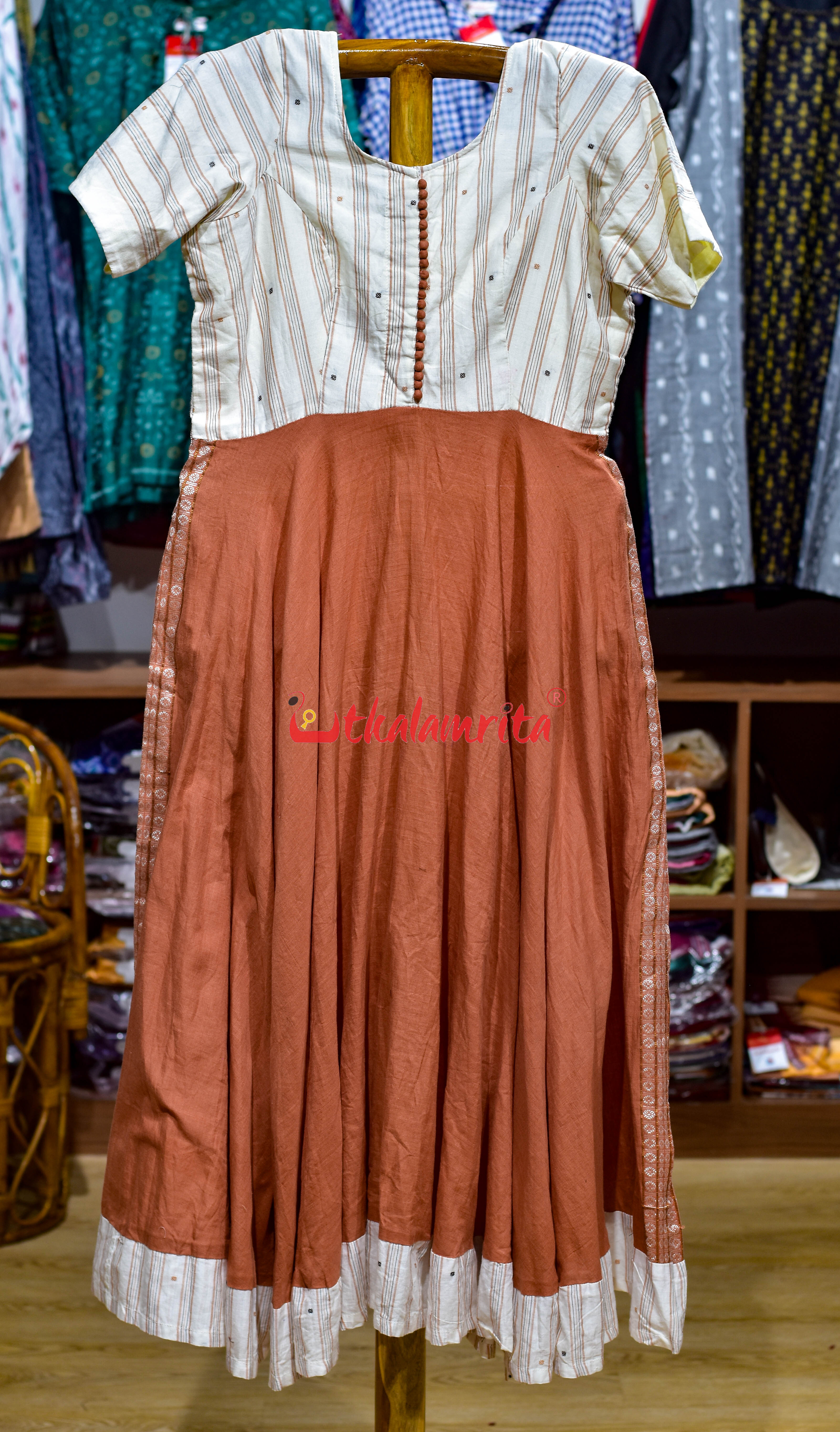 Brown White Stripes Buti Bomkai (Ladies Gown)