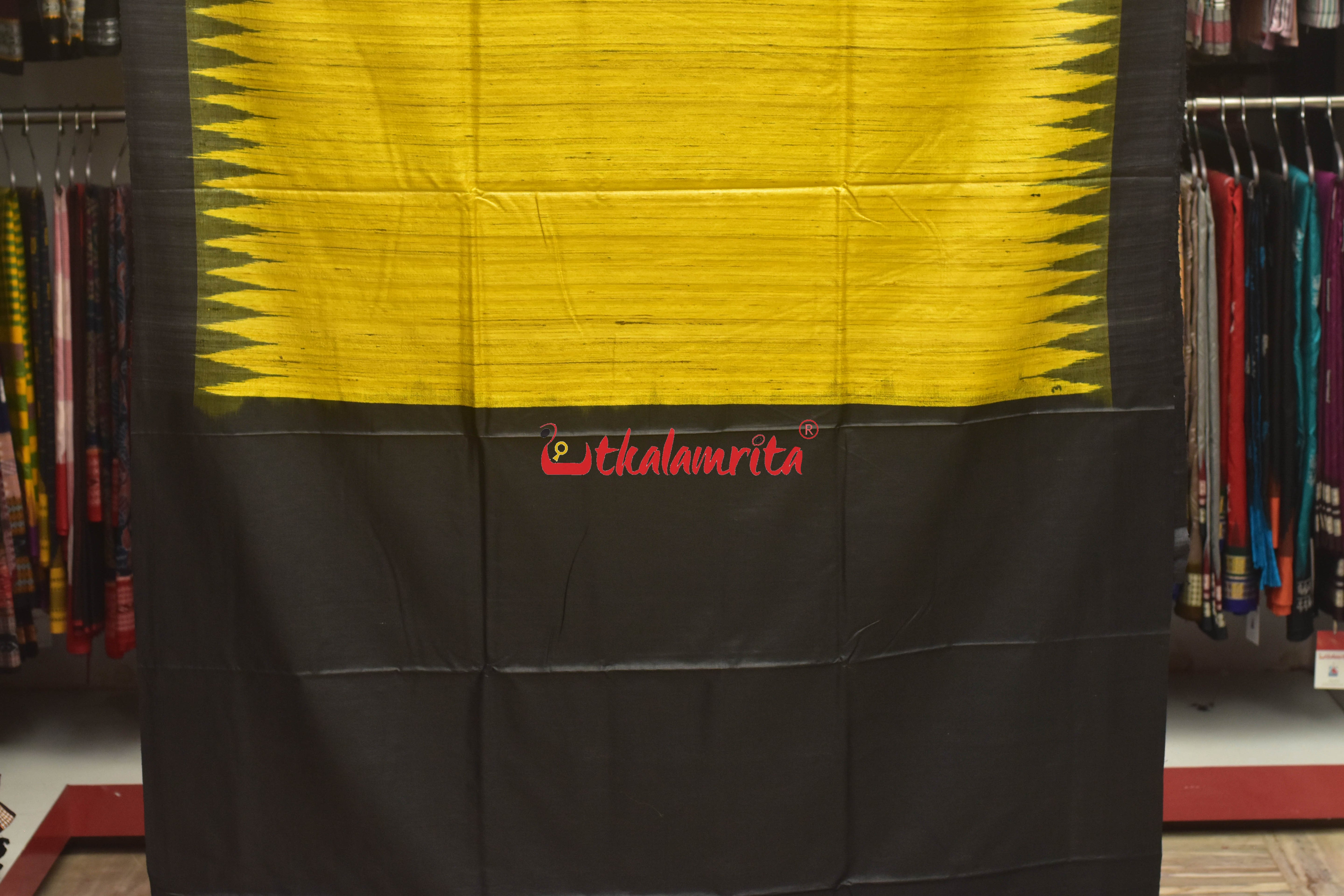 Yellow Black Tussar Ghicha Silk Saree