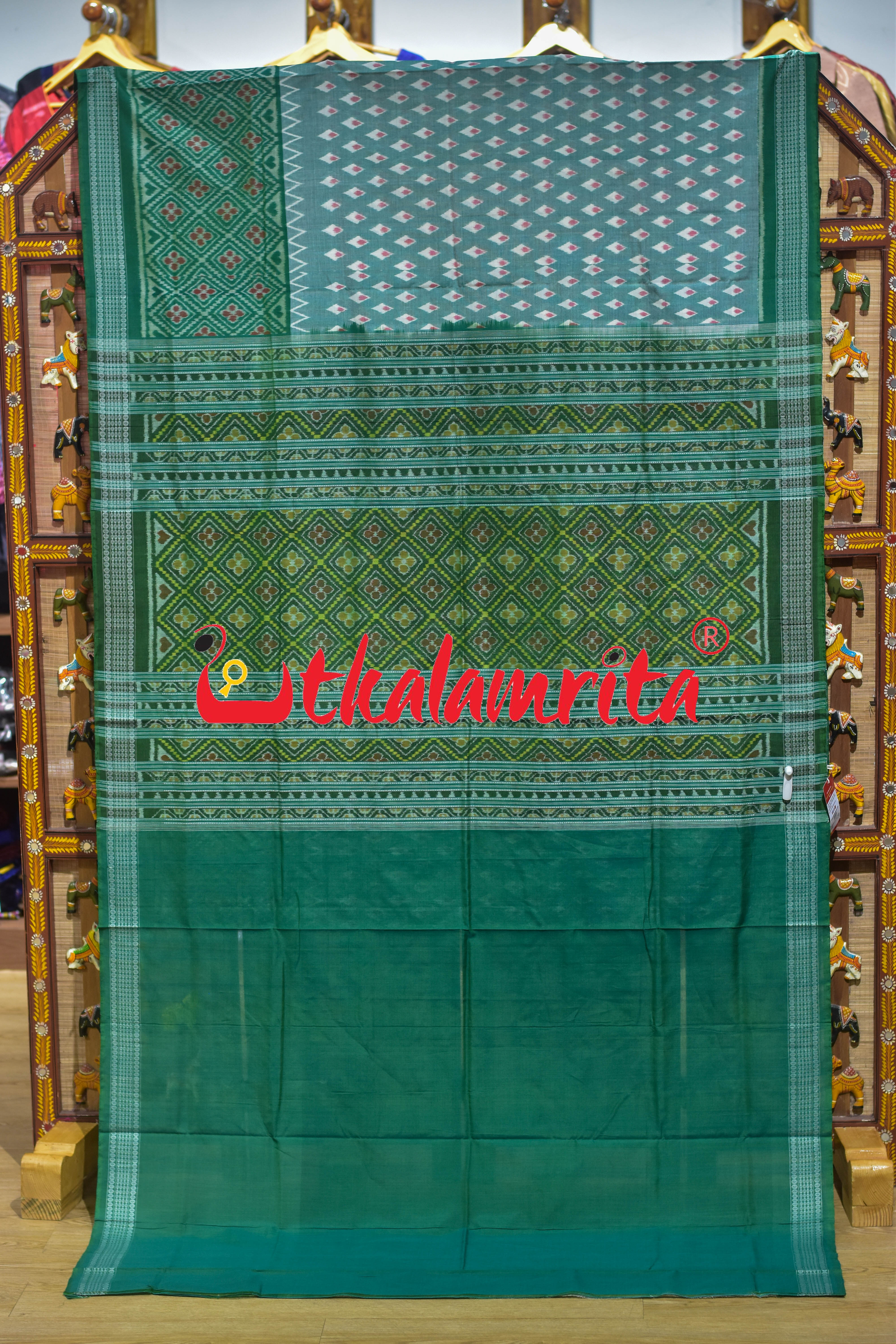 Green White Thikiri Body Bandha Sambalpuri Cotton Saree