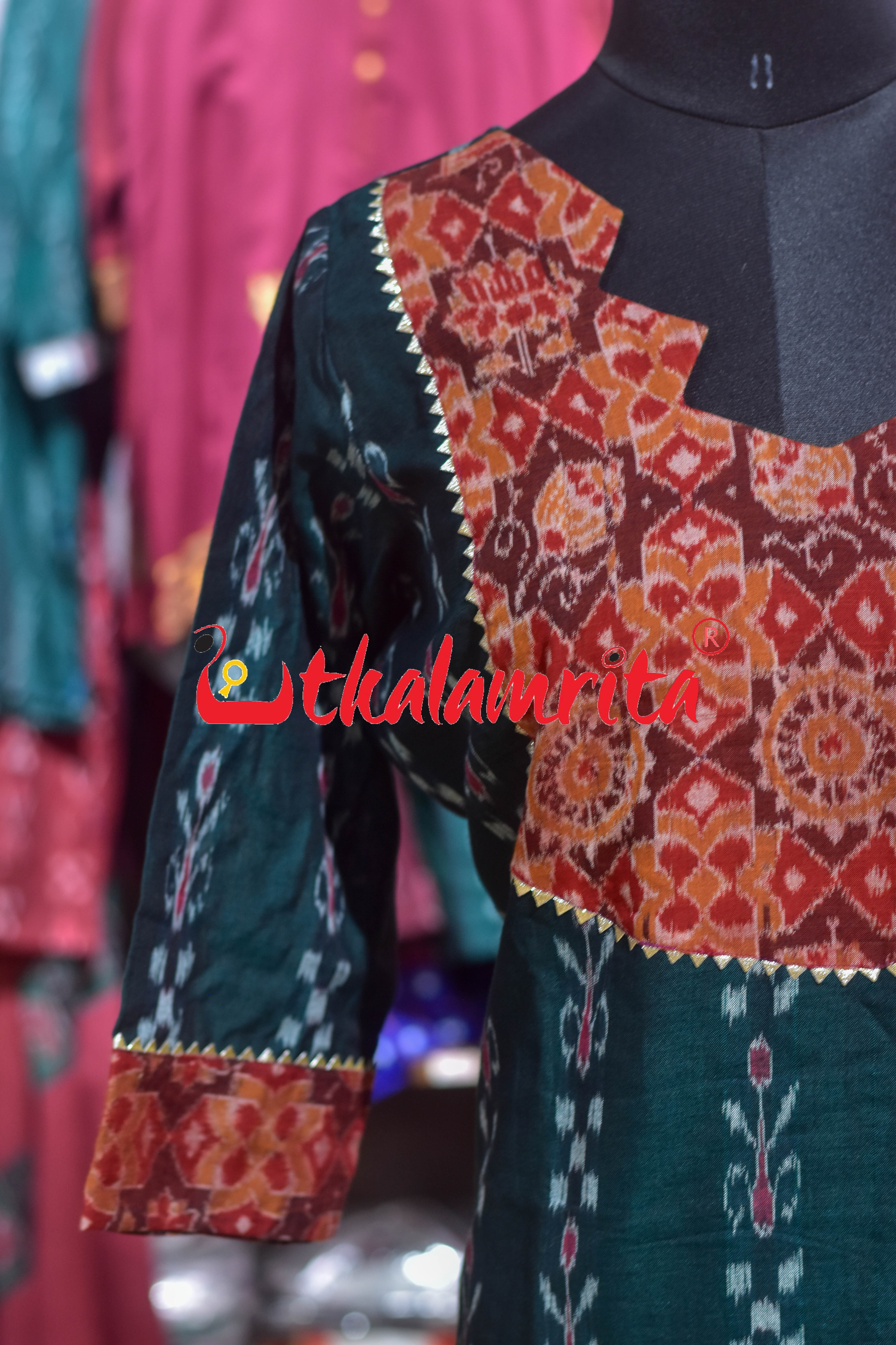 Deep Green Kadha with Rust Padma Chakra (Ladies' Kurti With Laces)