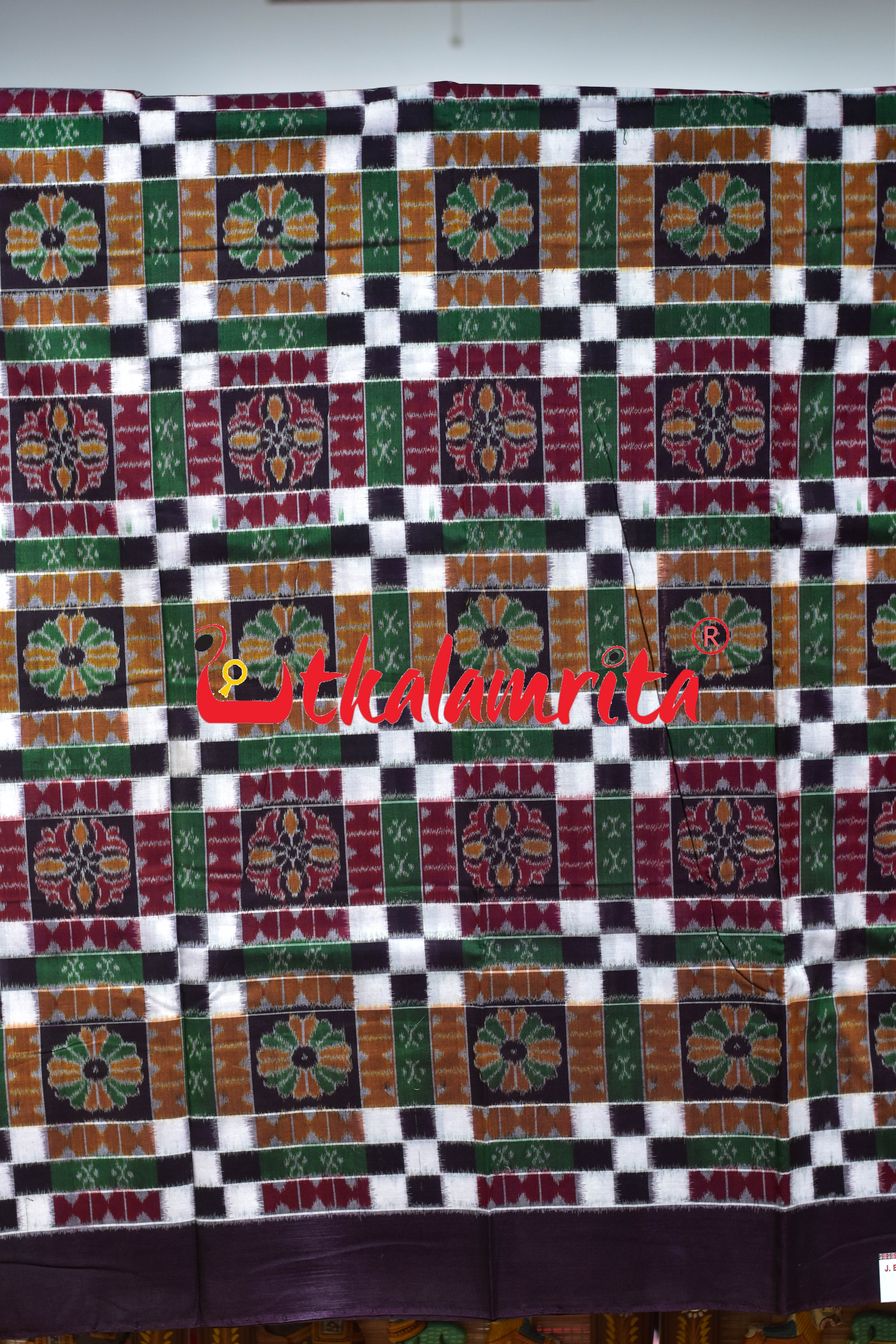 Utkala Lakhmi Coffee Green White Sambalpuri Cotton Dress Set