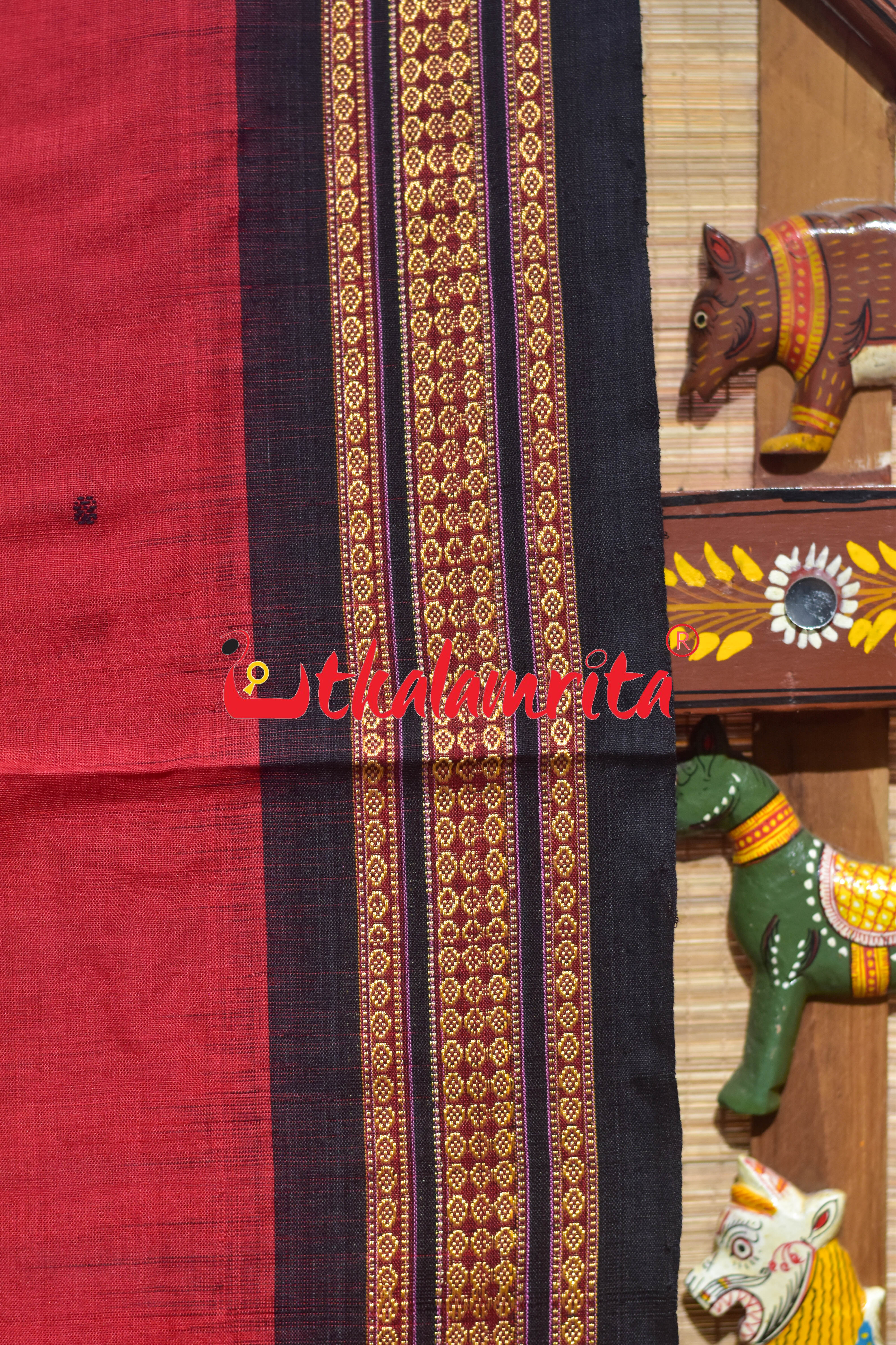 Red Black Buti Bomkai Cotton Saree