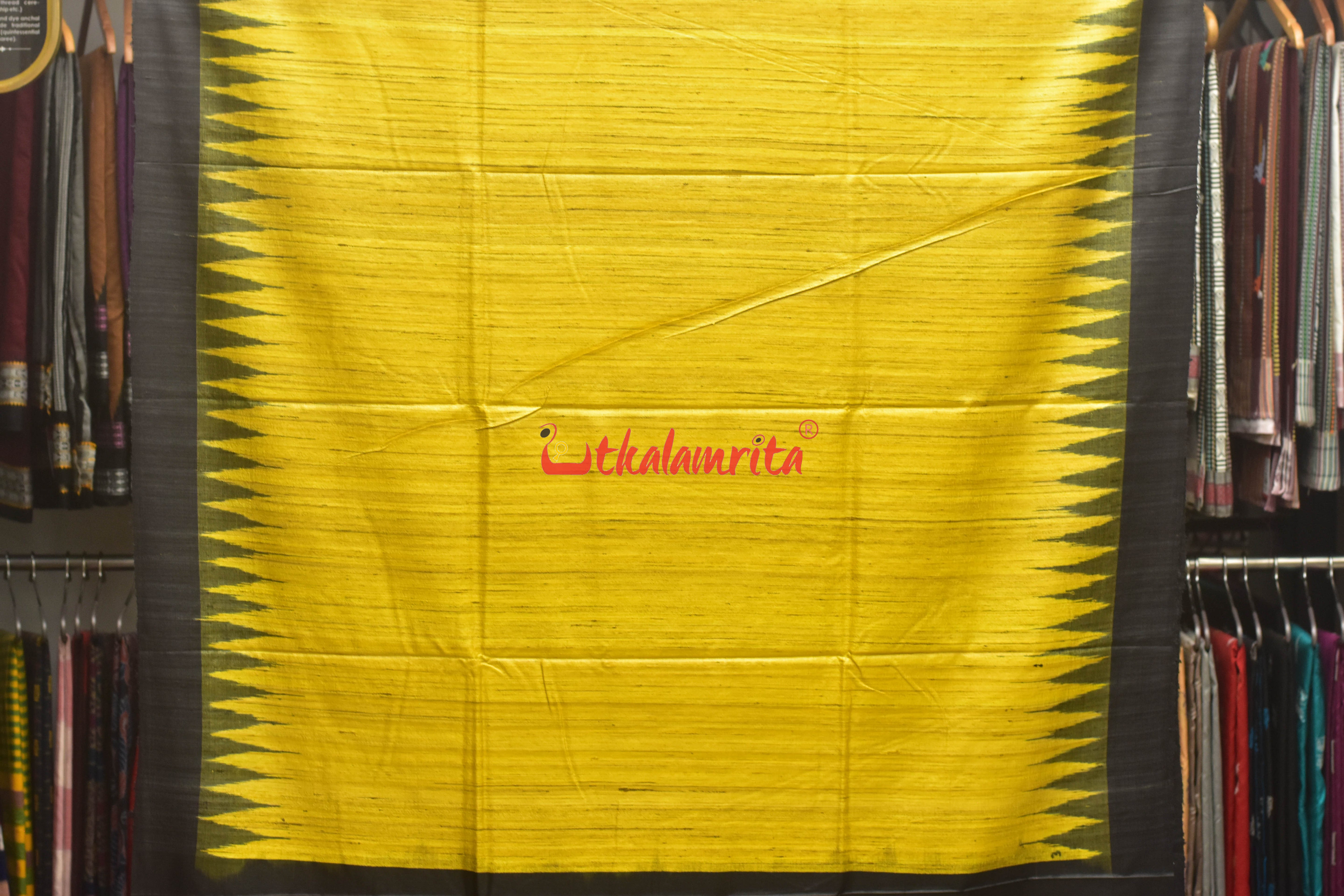 Yellow Black Tussar Ghicha Silk Saree