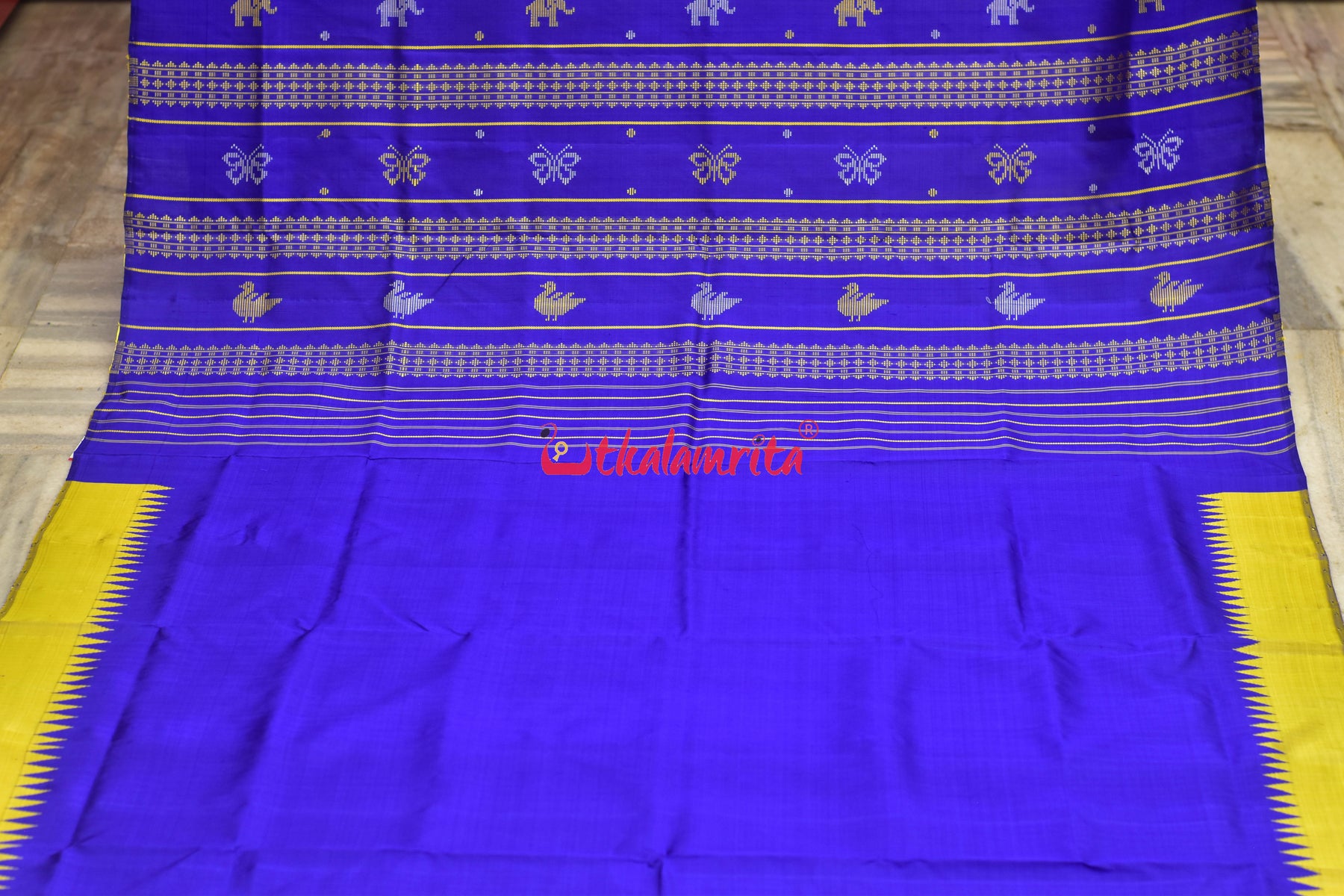 Goldenrod Fish Ducks Double Anchal Berhampuri Silk Saree
