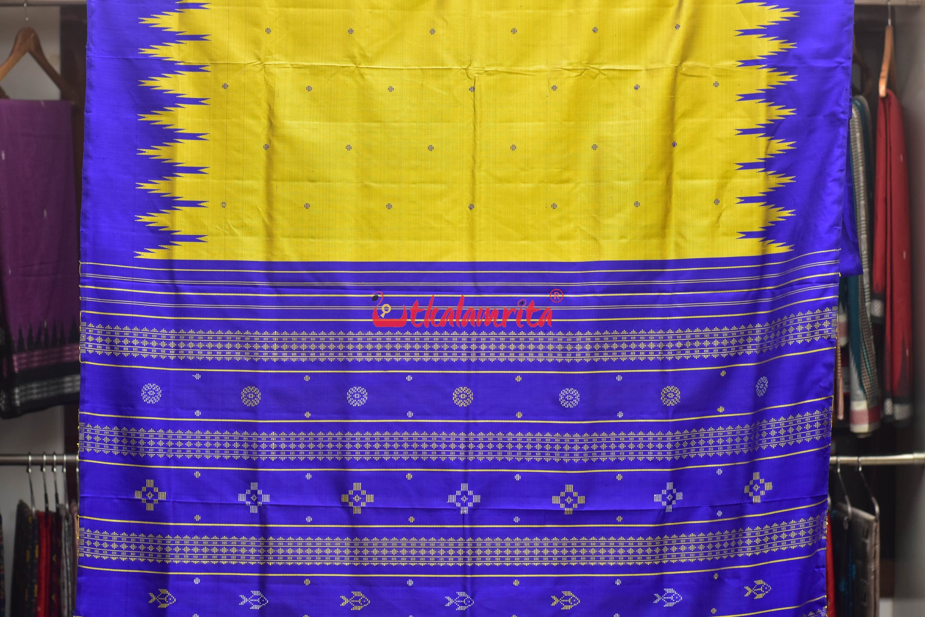 Goldenrod Fish Ducks Double Anchal Berhampuri Silk Saree