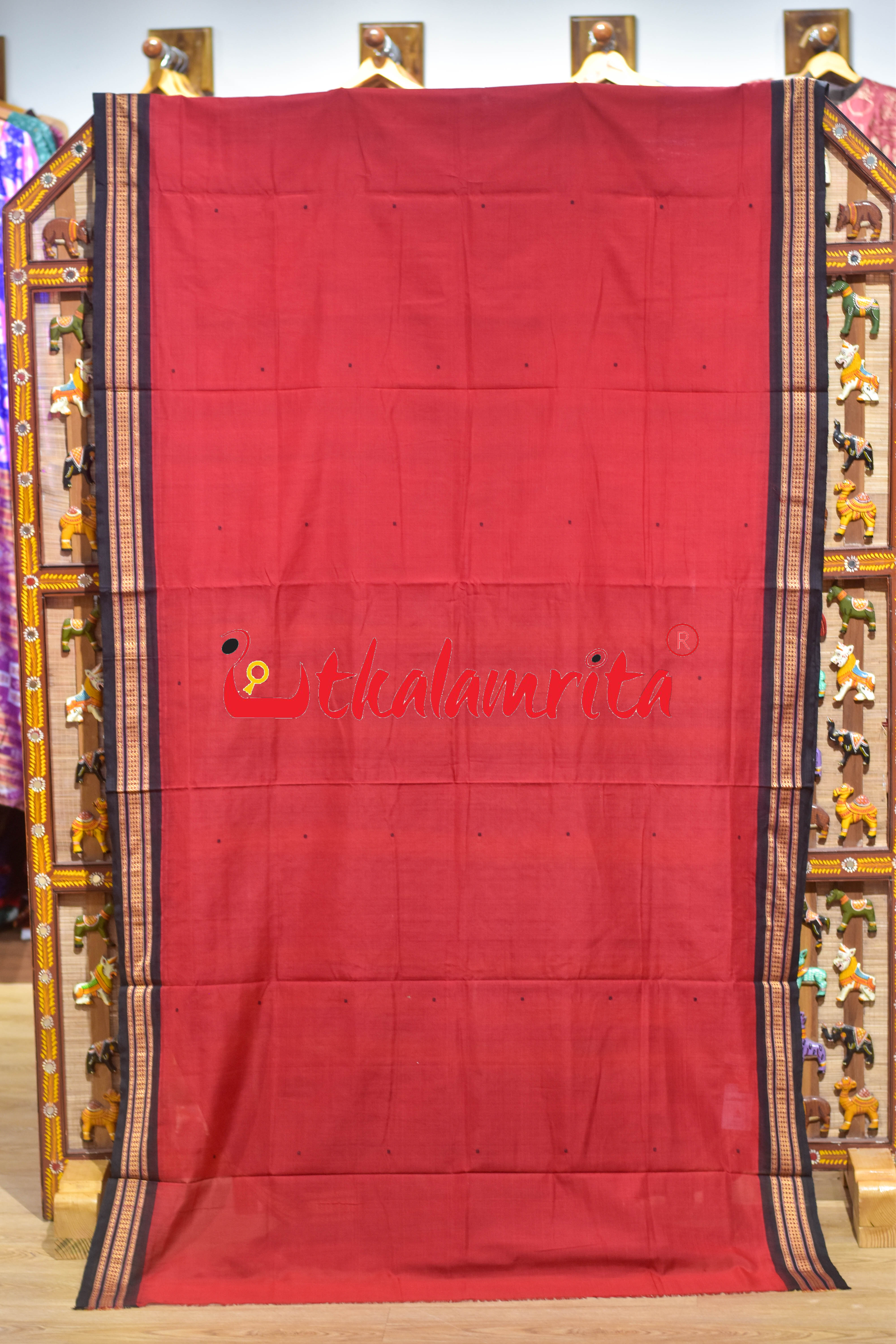 Red Black Buti Bomkai Cotton Saree