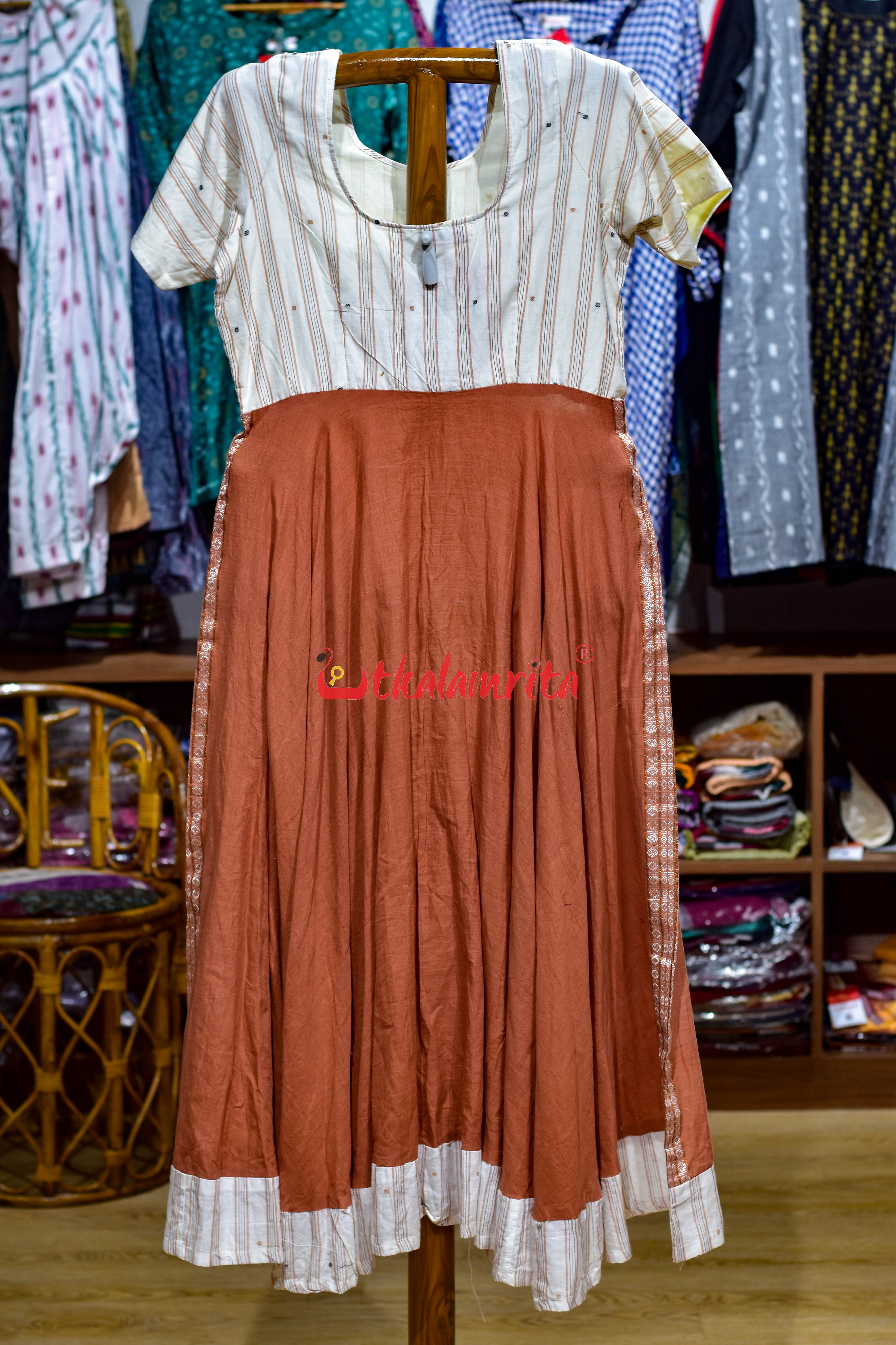 Brown White Stripes Buti Bomkai (Ladies Gown)