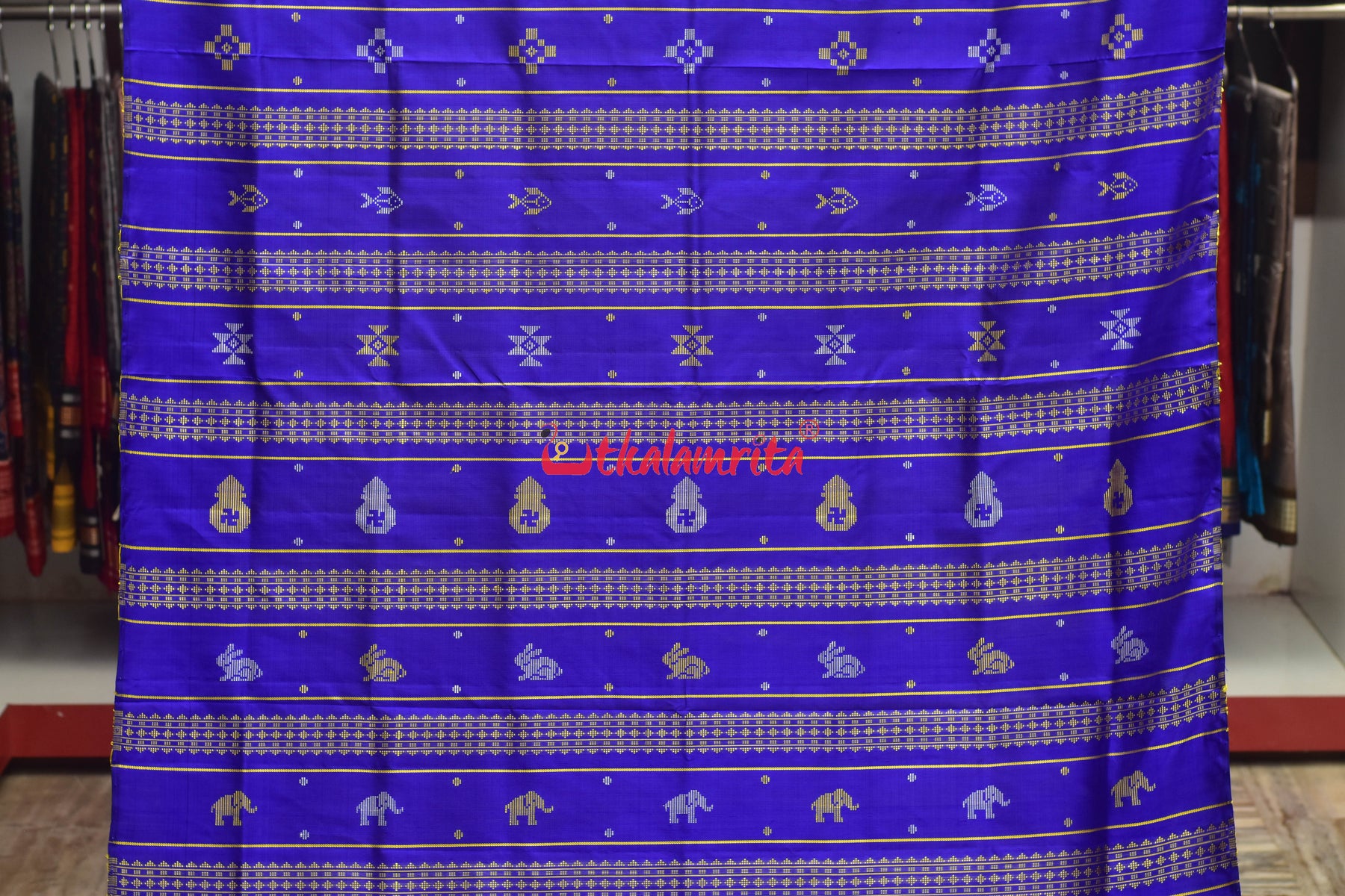 Goldenrod Fish Ducks Double Anchal Berhampuri Silk Saree