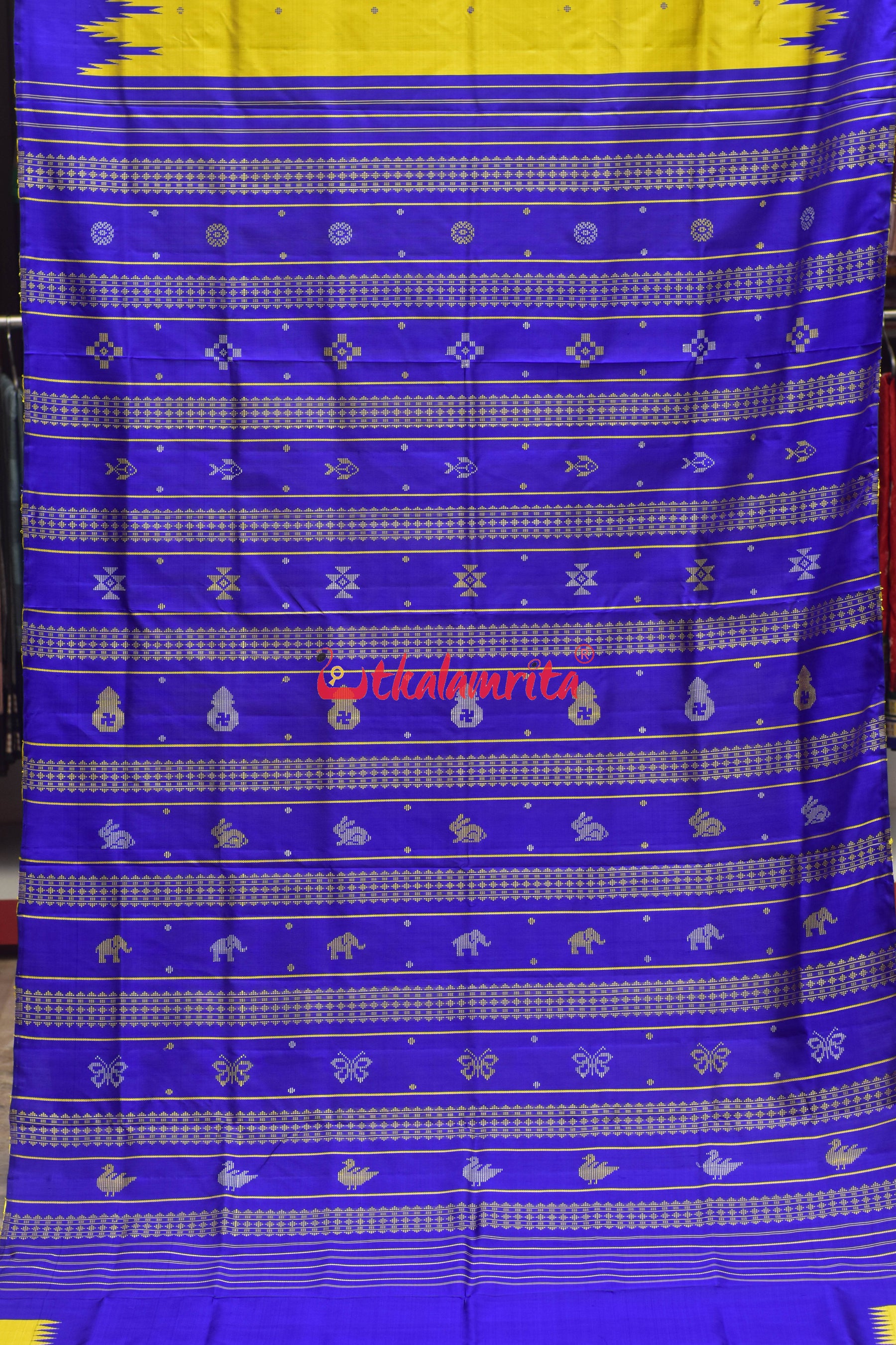 Goldenrod Fish Ducks Double Anchal Berhampuri Silk Saree