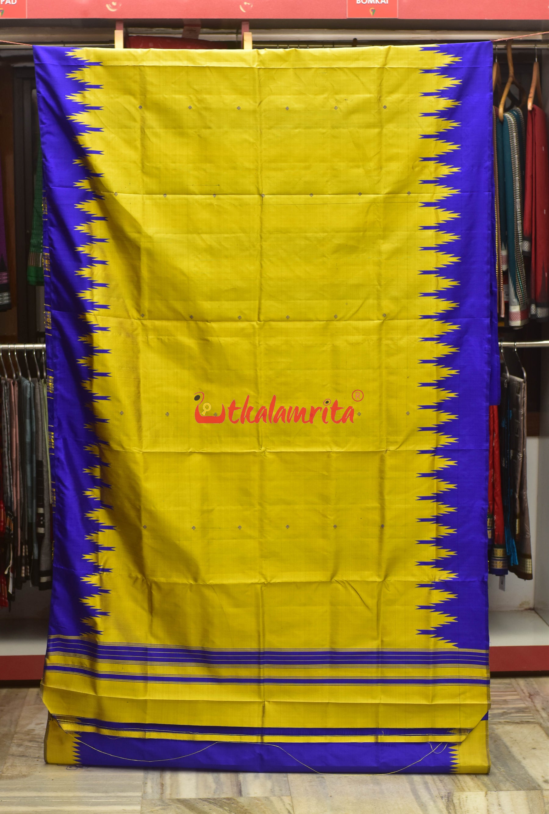 Goldenrod Fish Ducks Double Anchal Berhampuri Silk Saree