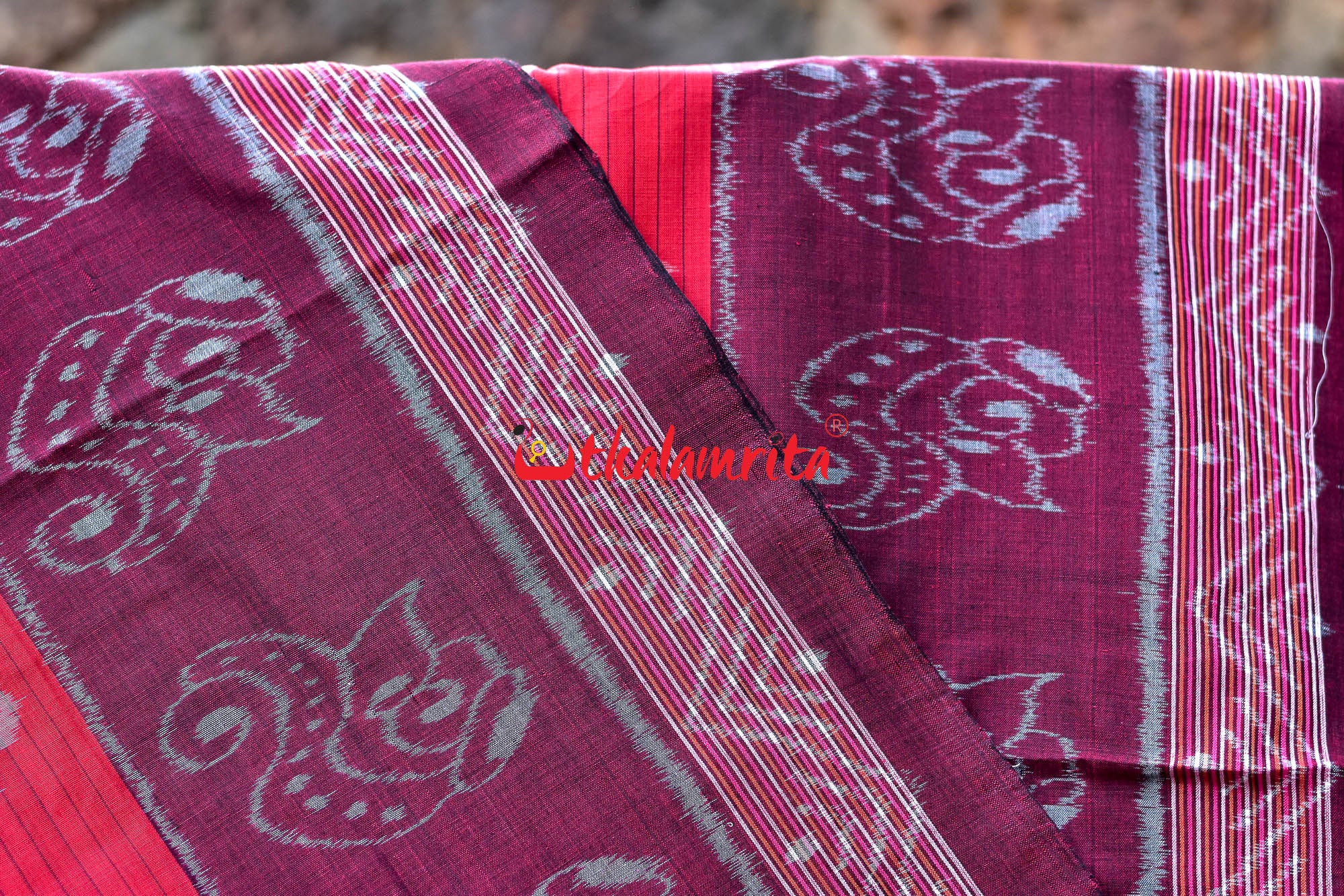Red Maroon Sankha Khandua Cotton Saree