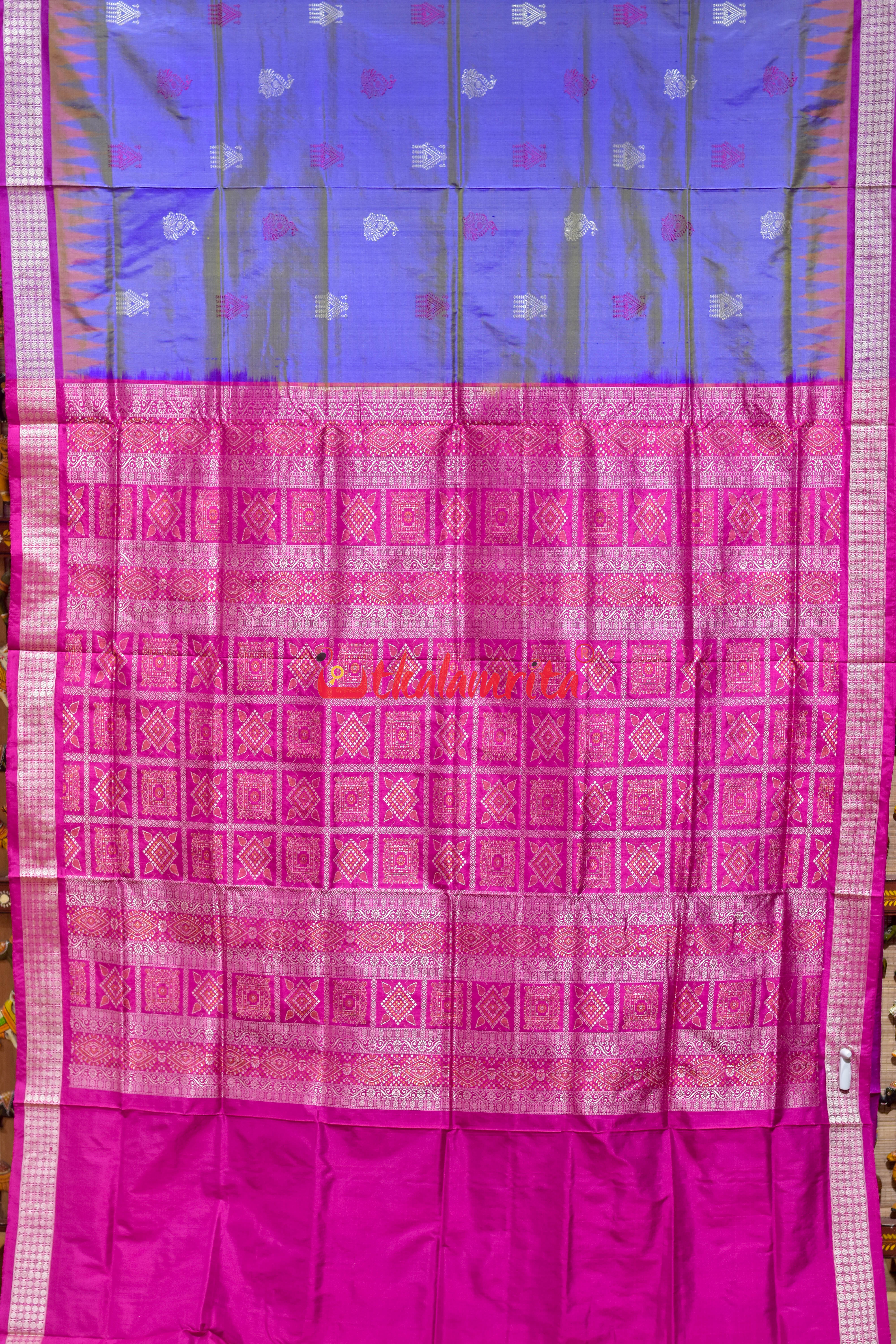 Golden Blue Rani Mayura Mukuta Bomkai Silk Saree