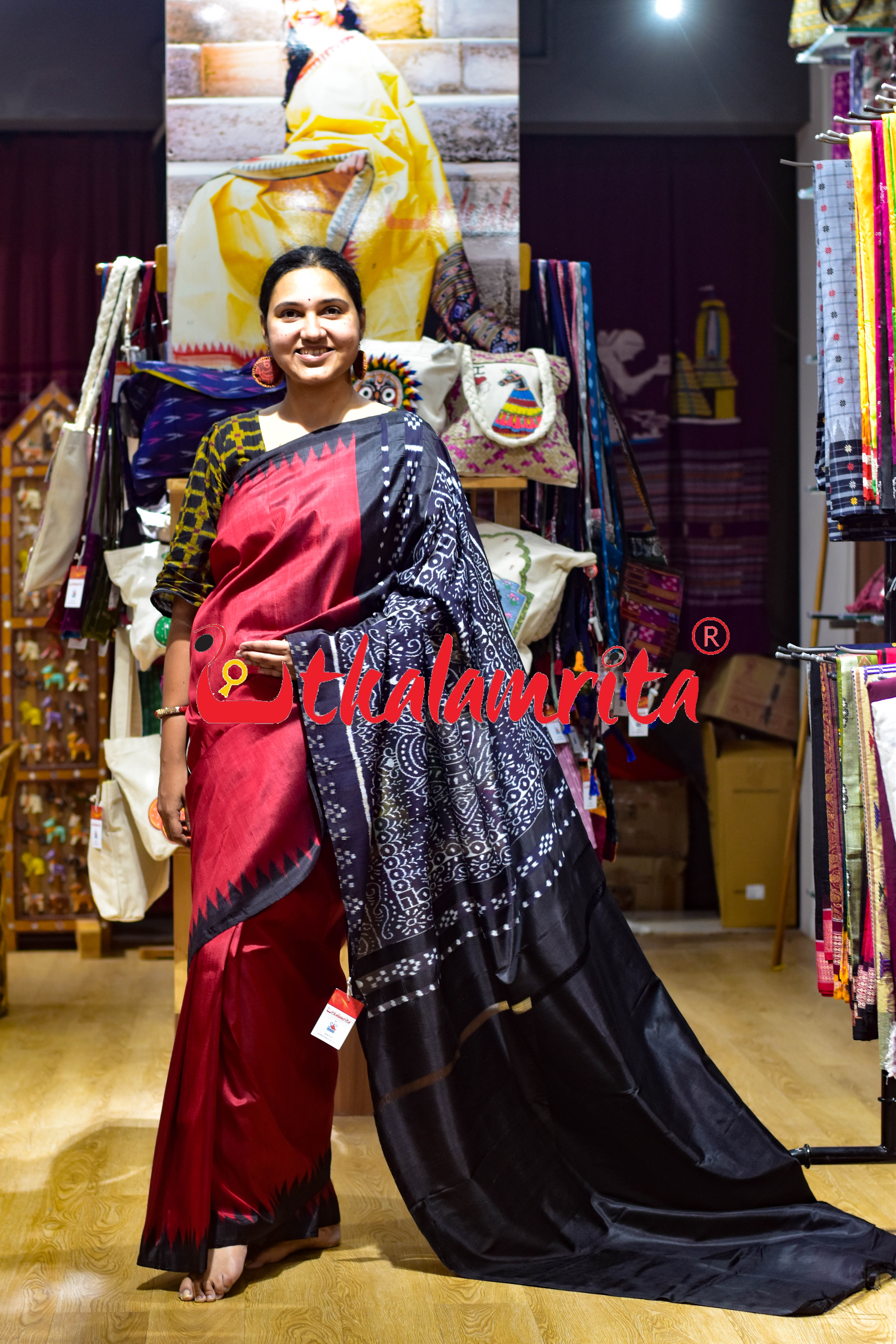 Baala Buti Maroon Black Khandua Silk Saree