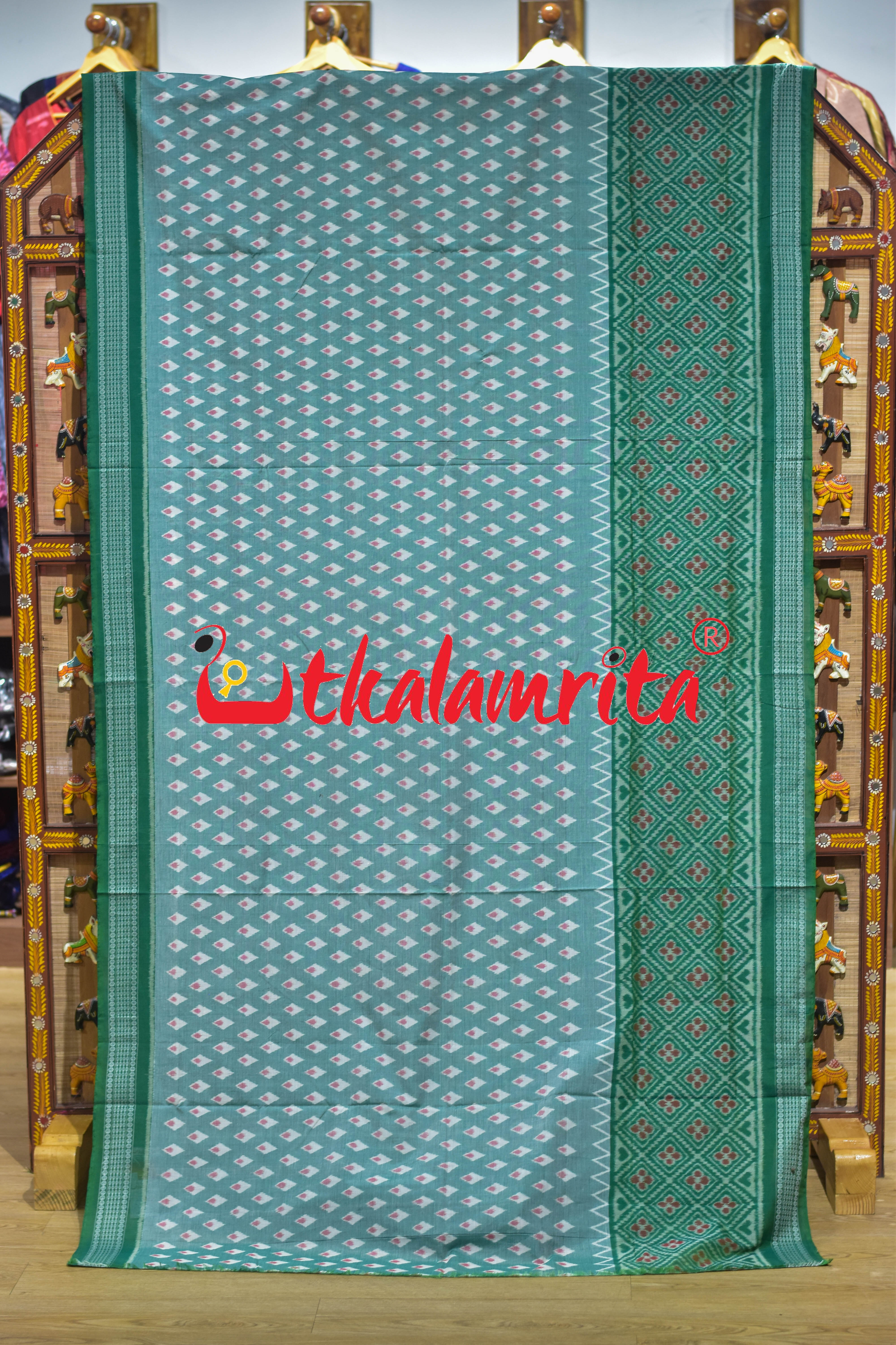 Green White Thikiri Body Bandha Sambalpuri Cotton Saree