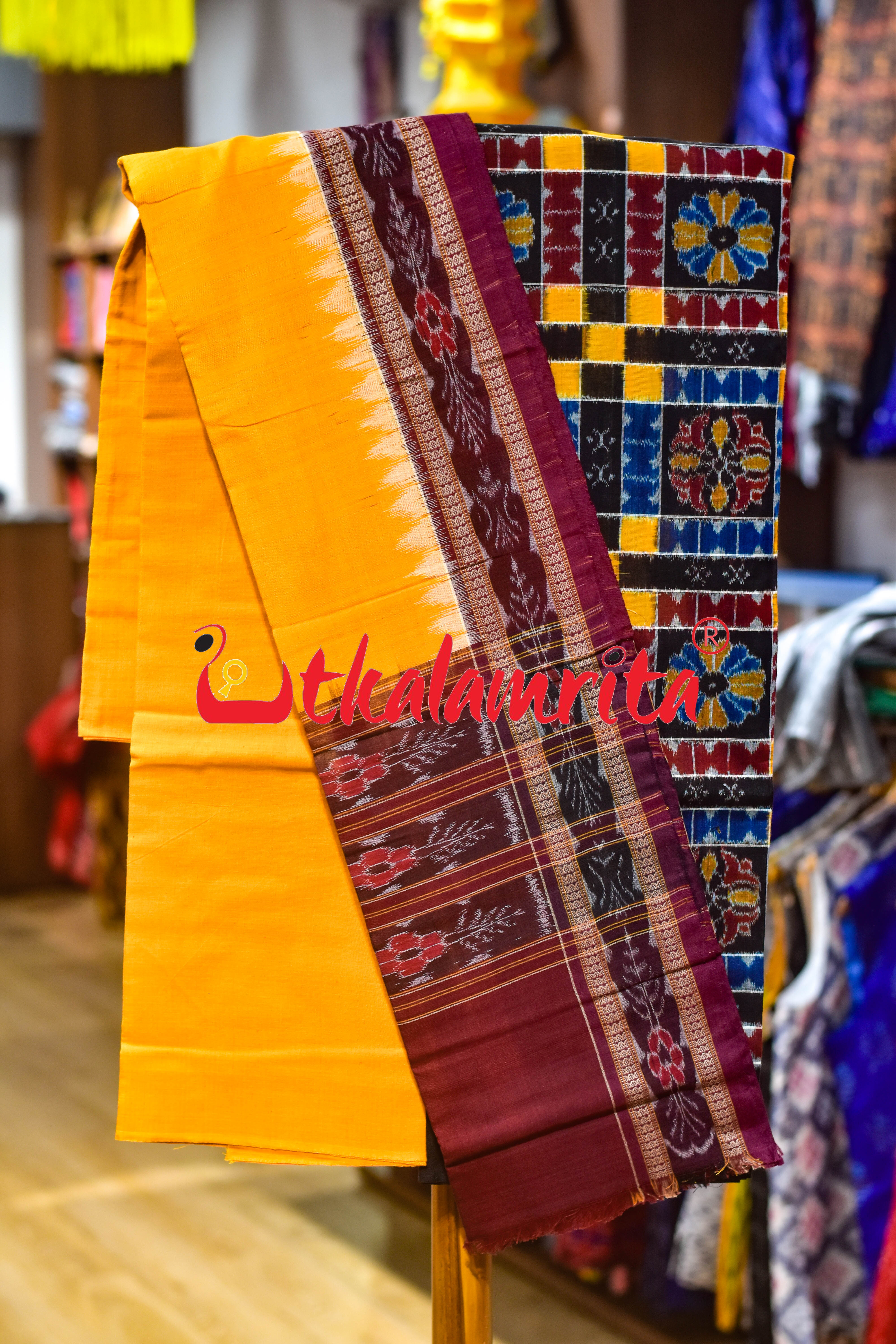 Utkala Lakhmi Blue Yellow Maroon Sambalpuri Cotton Dress Set