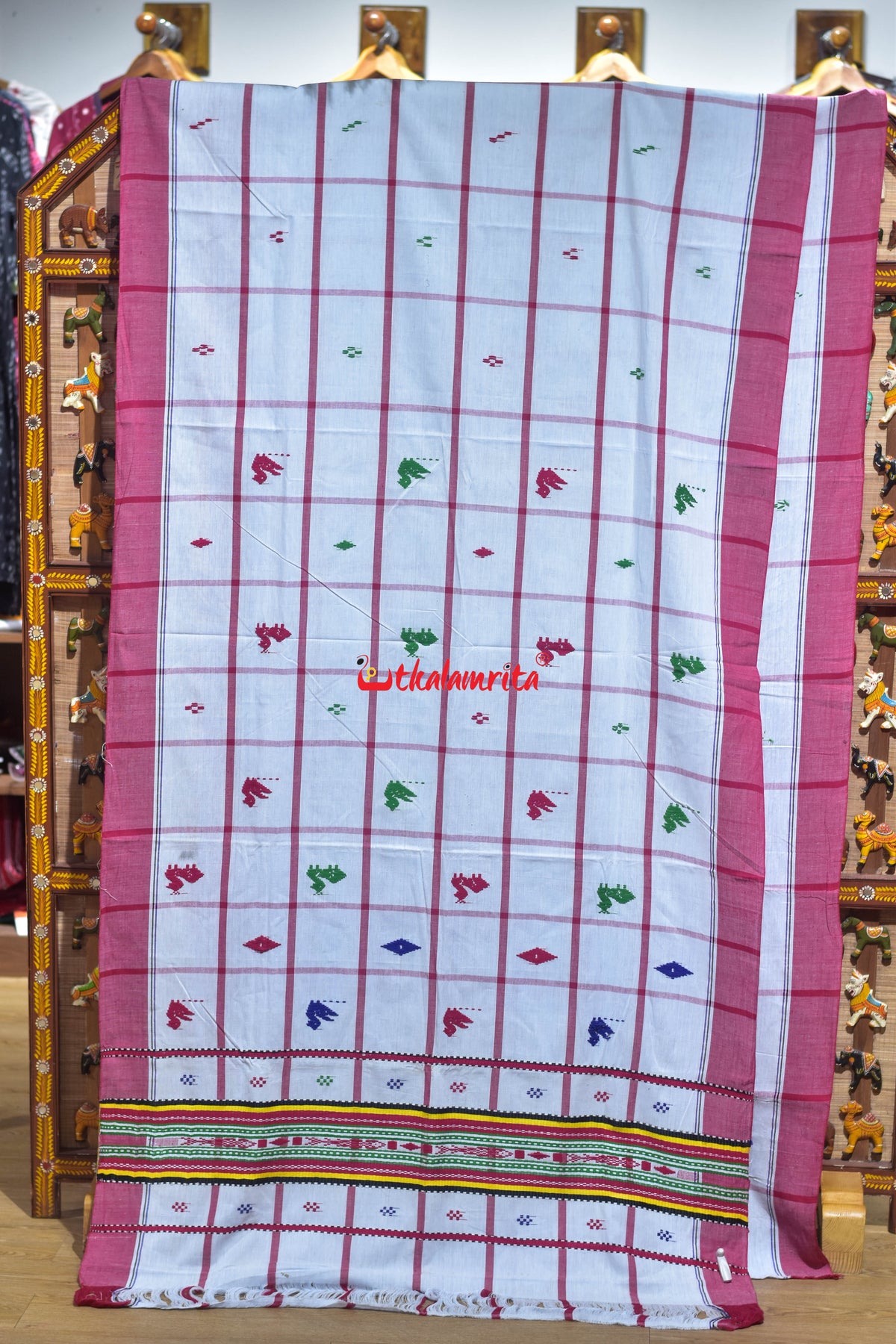 White Check Red Lines Santhal Saree
