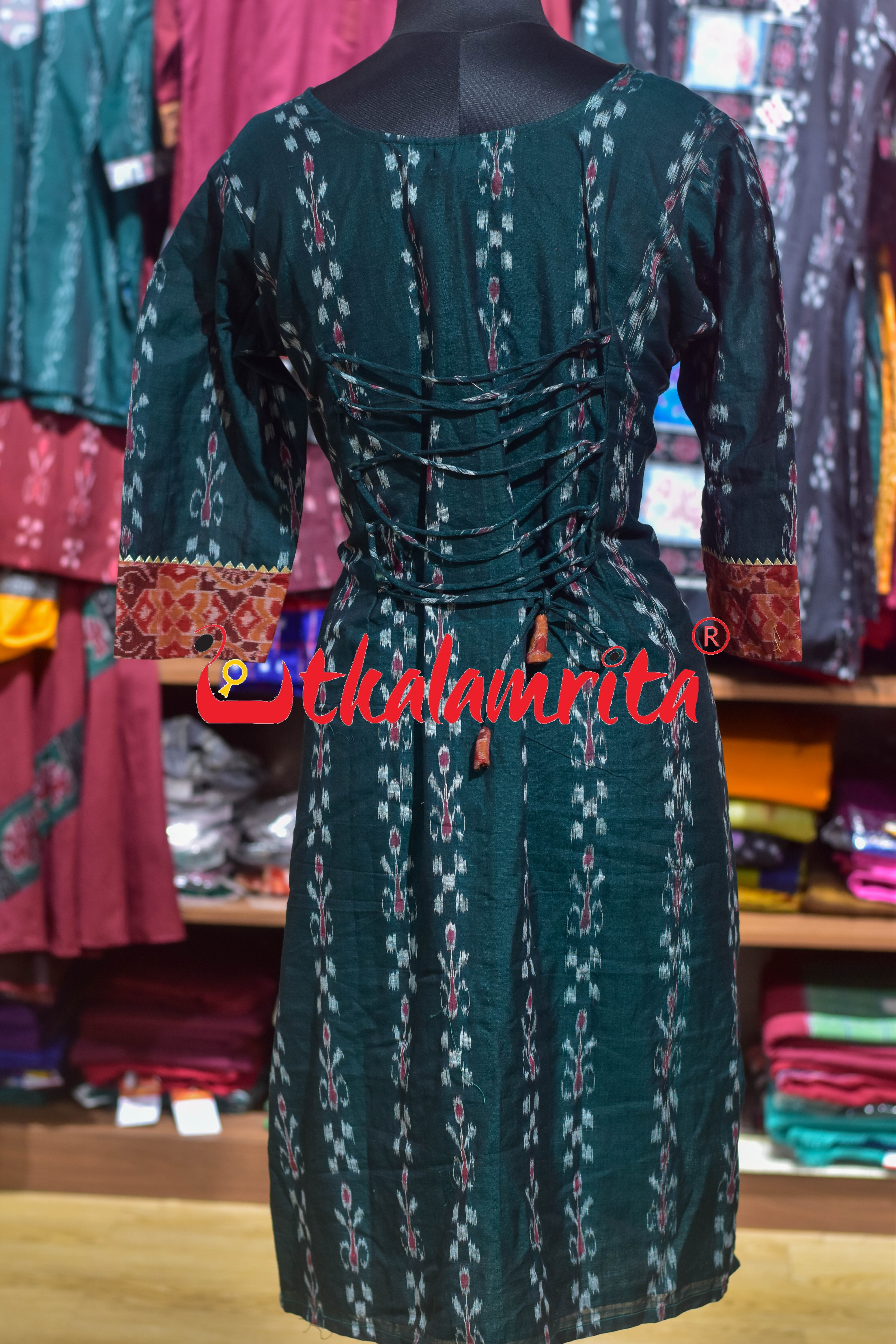 Deep Green Kadha with Rust Padma Chakra (Ladies' Kurti With Laces)
