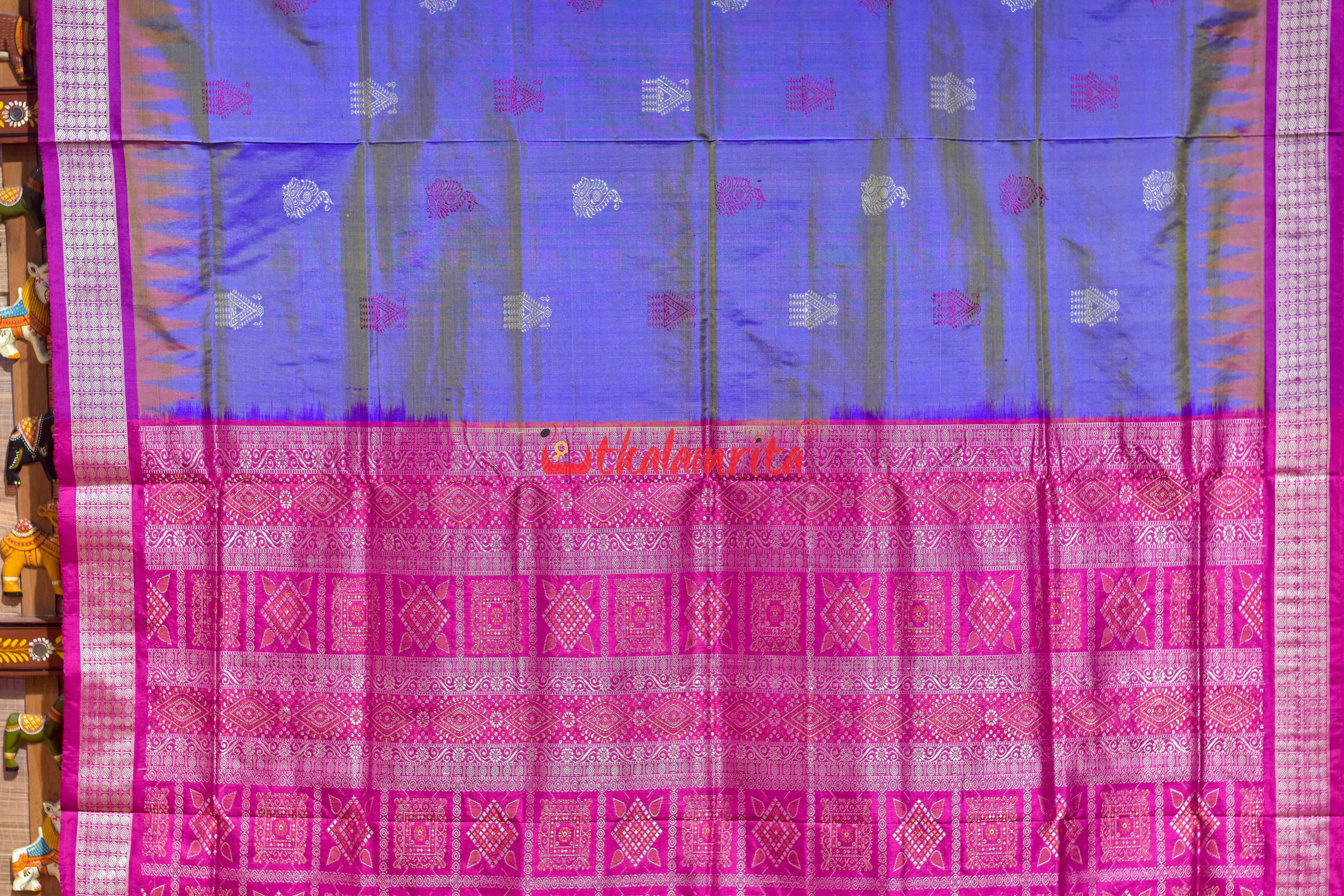 Golden Blue Rani Mayura Mukuta Bomkai Silk Saree