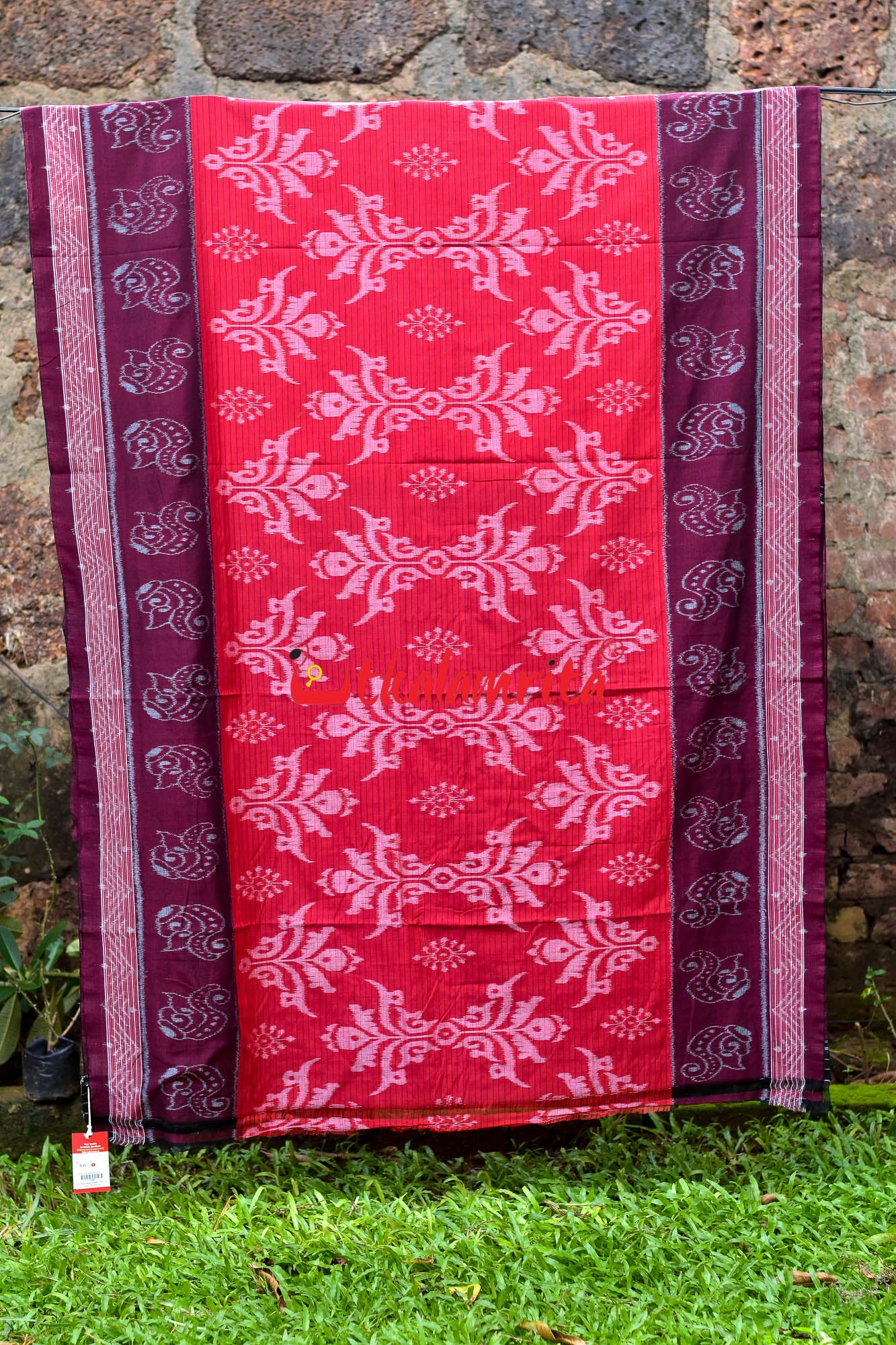 Red Maroon Sankha Khandua Cotton Saree