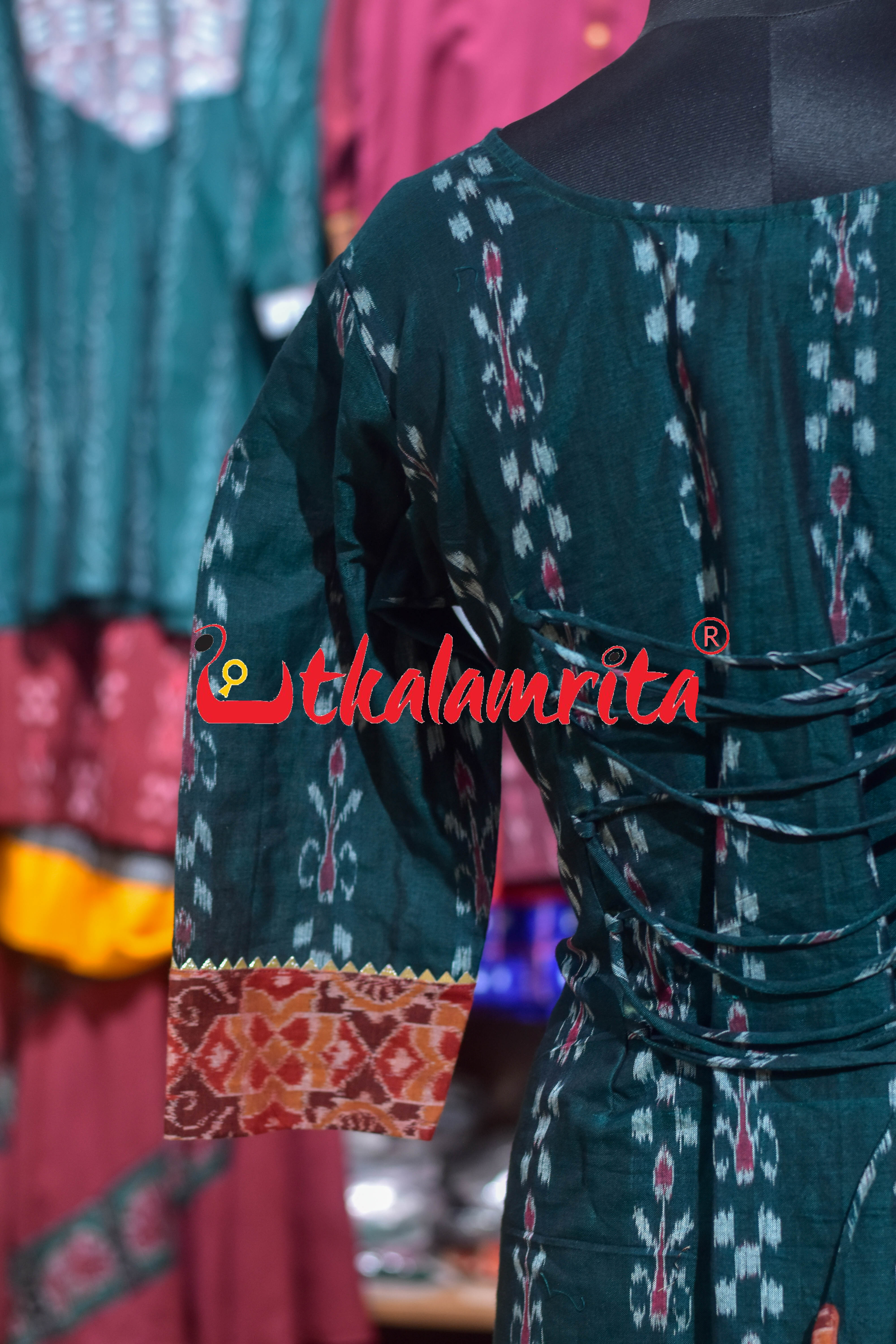Deep Green Kadha with Rust Padma Chakra (Ladies' Kurti With Laces)