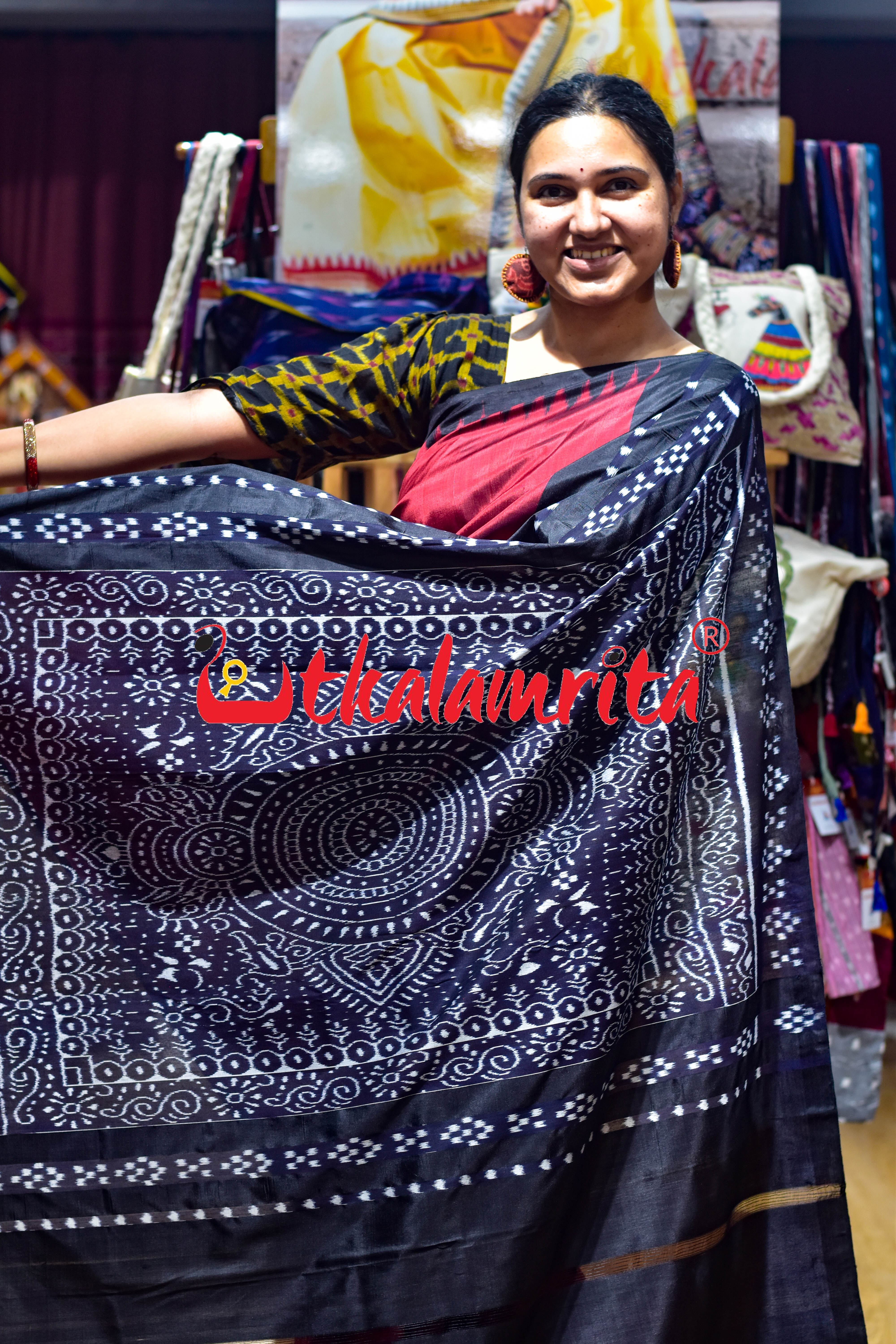 Baala Buti Maroon Black Khandua Silk Saree