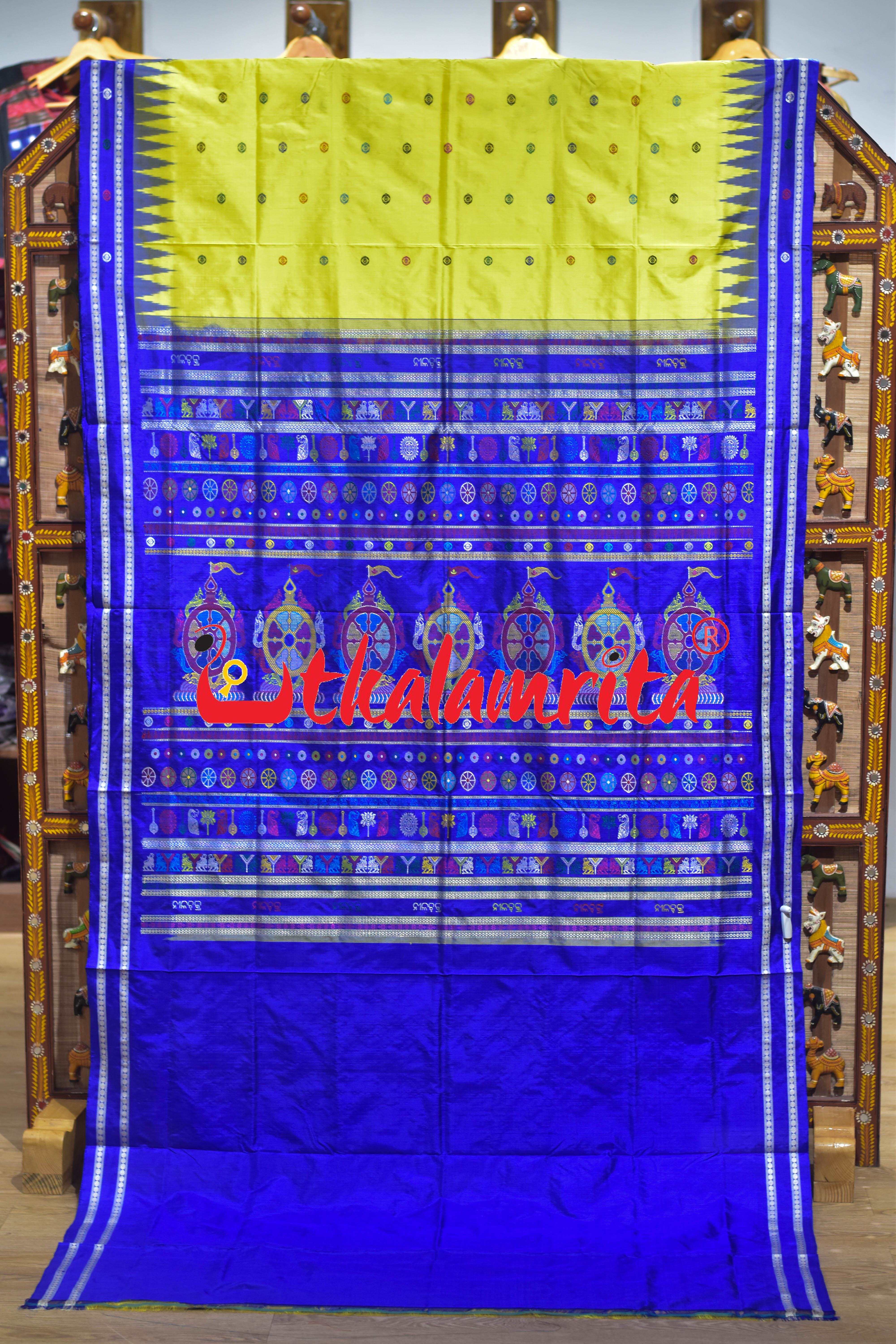 Yellow Blue Nilachakra Bomkai Silk Saree
