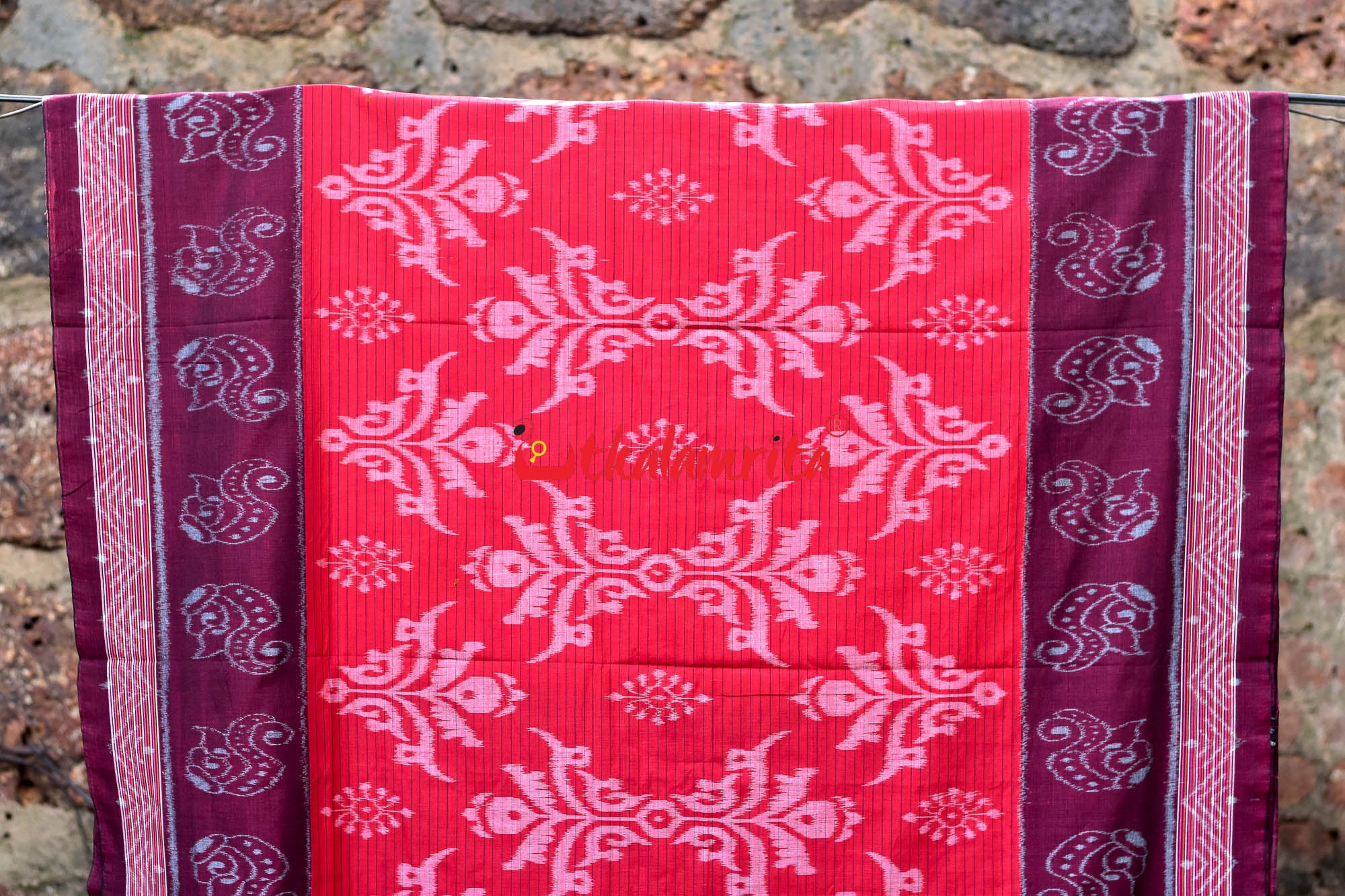 Red Maroon Sankha Khandua Cotton Saree