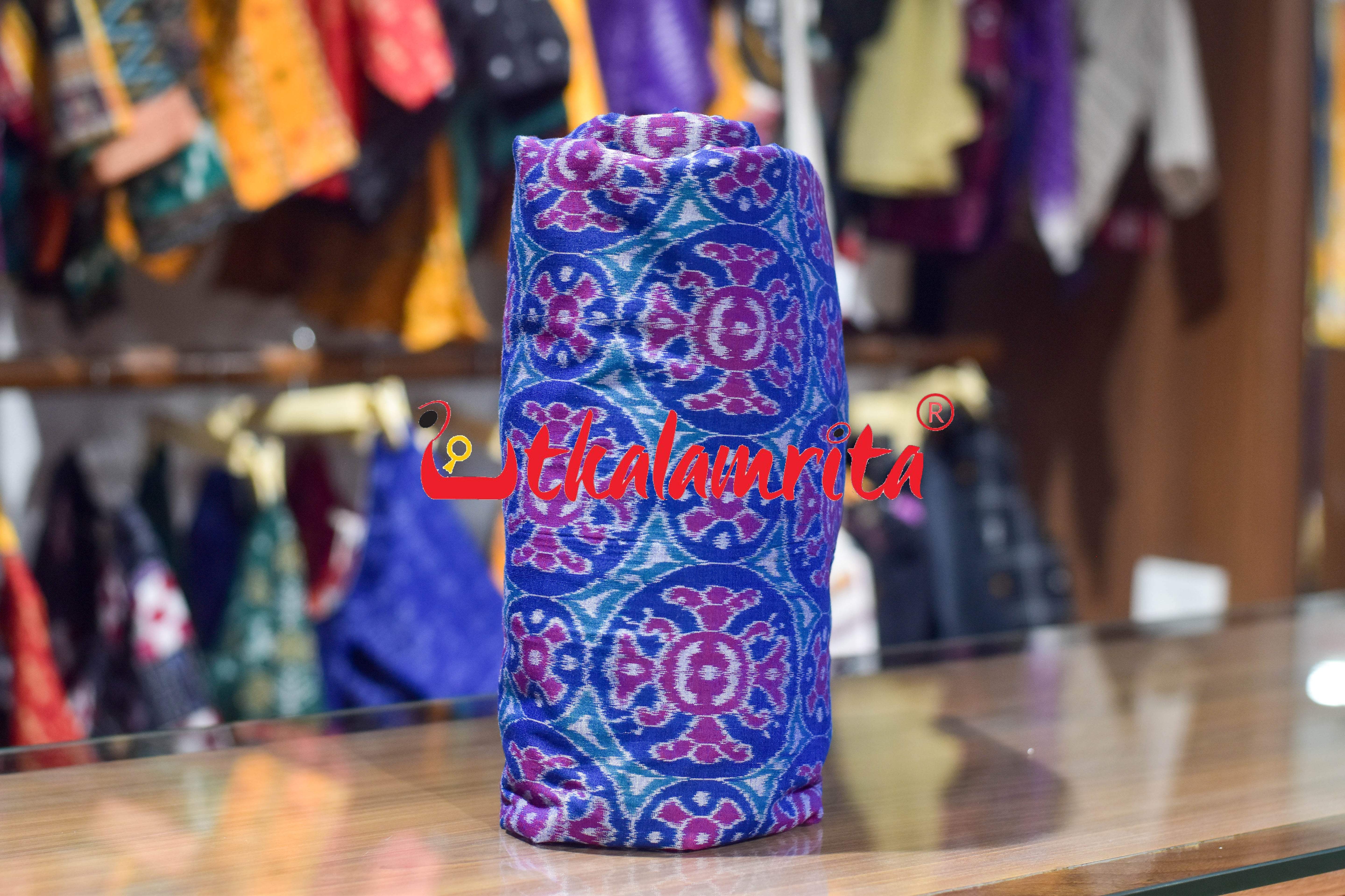 3D Blue Special Flower Sambalpuri Cotton (Fabric)