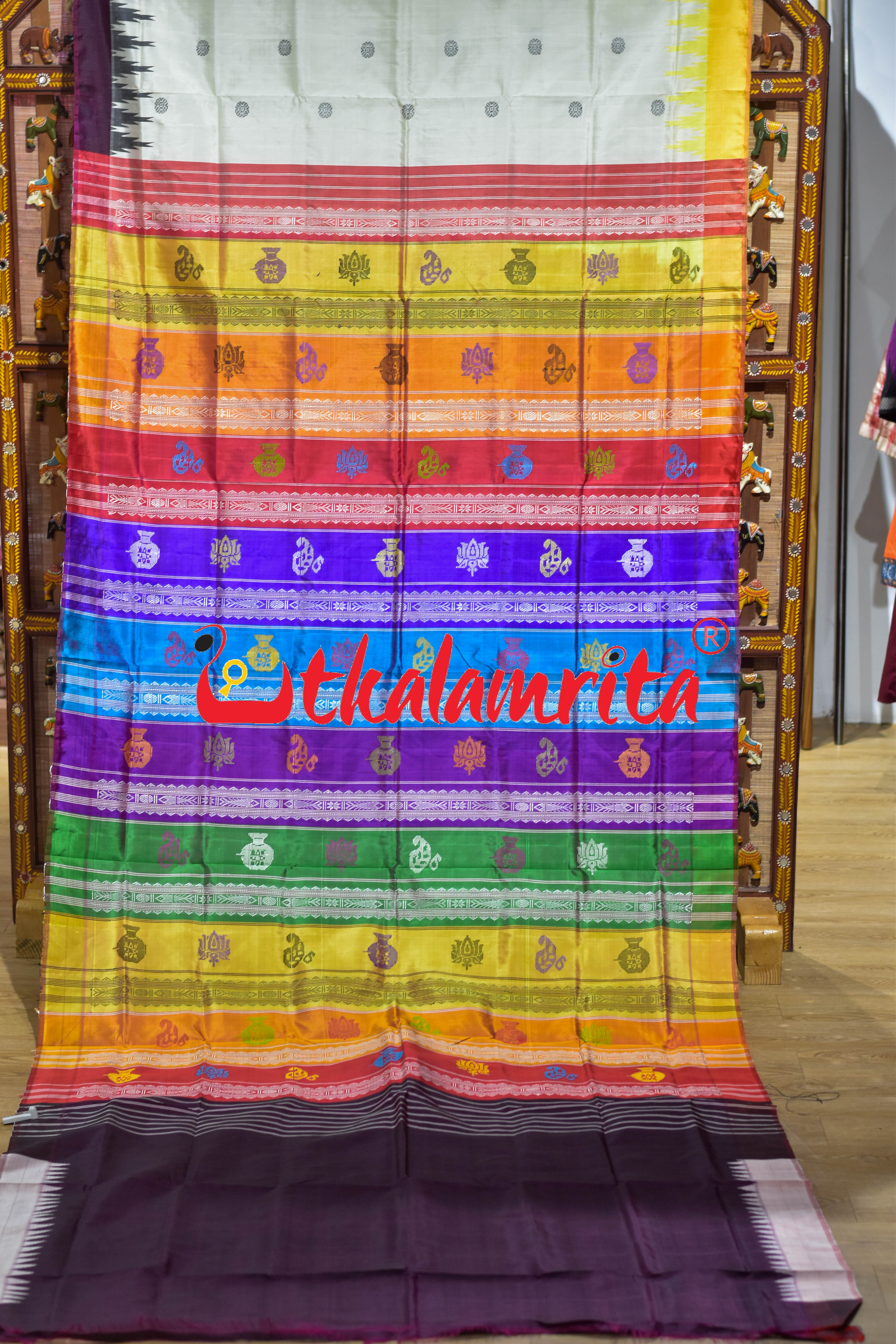 Off White Wine Yellow Border Double Anchal Berhampuri Silk Saree