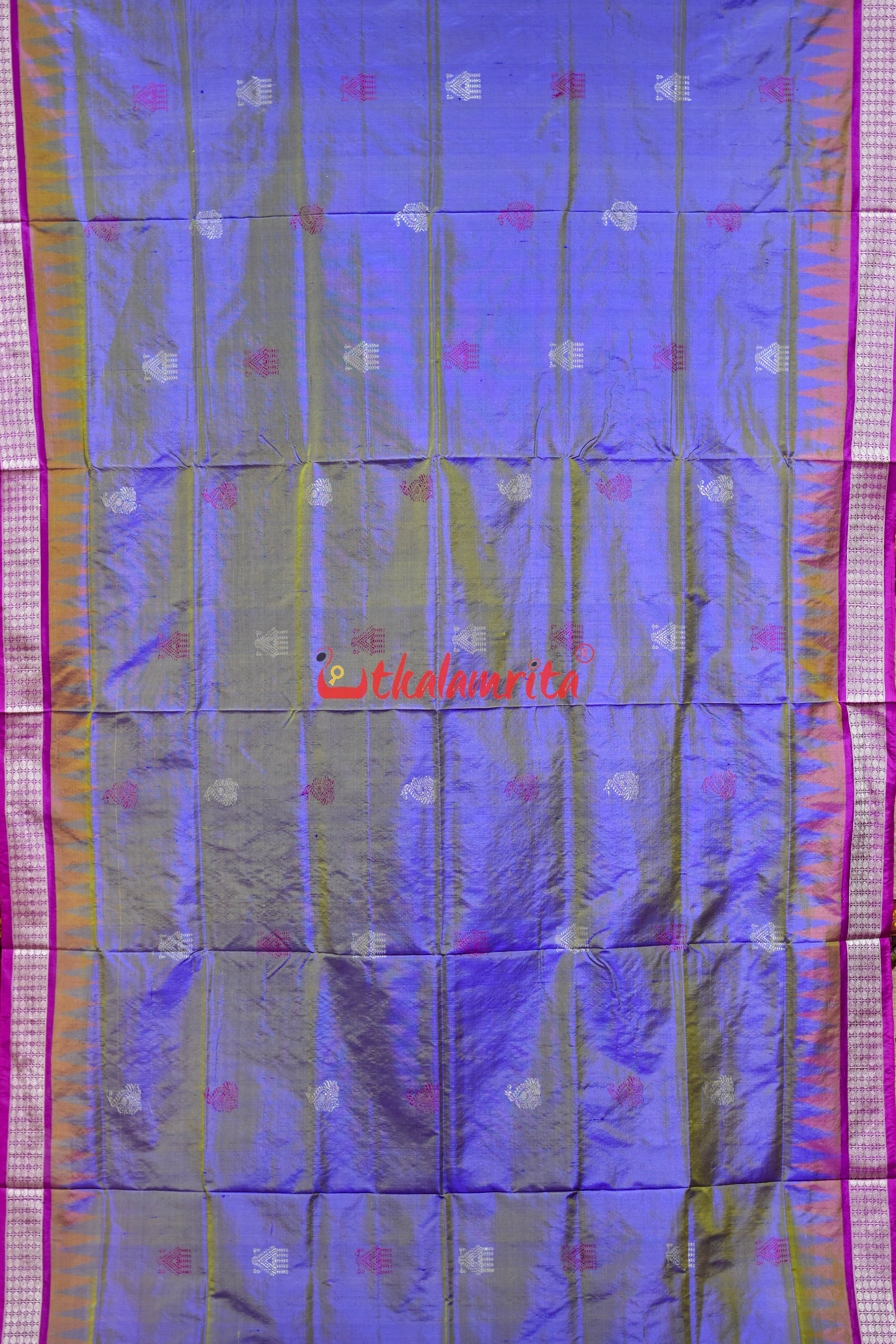Golden Blue Rani Mayura Mukuta Bomkai Silk Saree