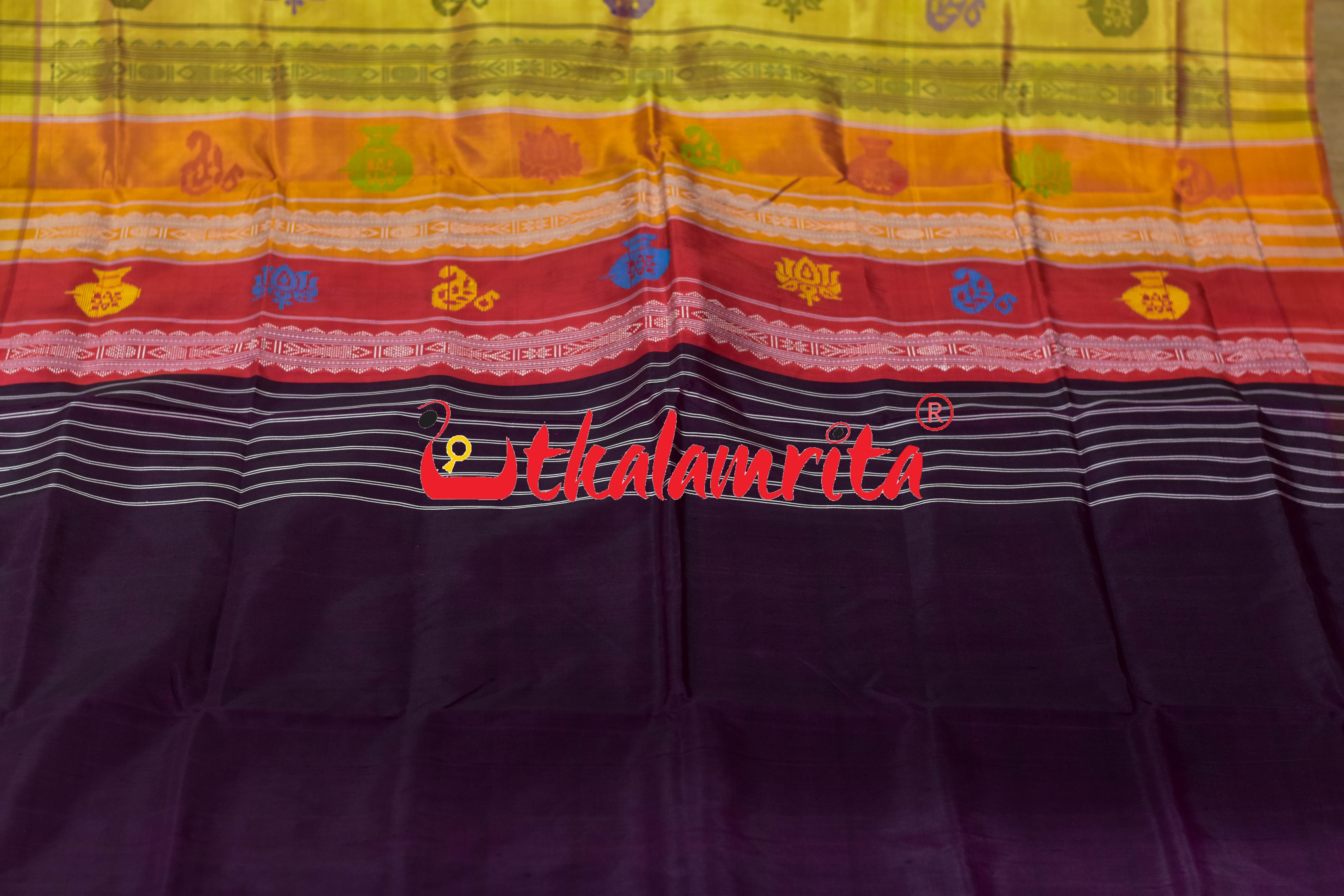 Off White Wine Yellow Border Double Anchal Berhampuri Silk Saree