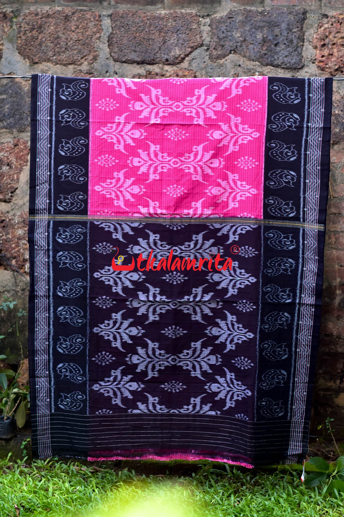 Pink Black Sankha Khandua Cotton Saree