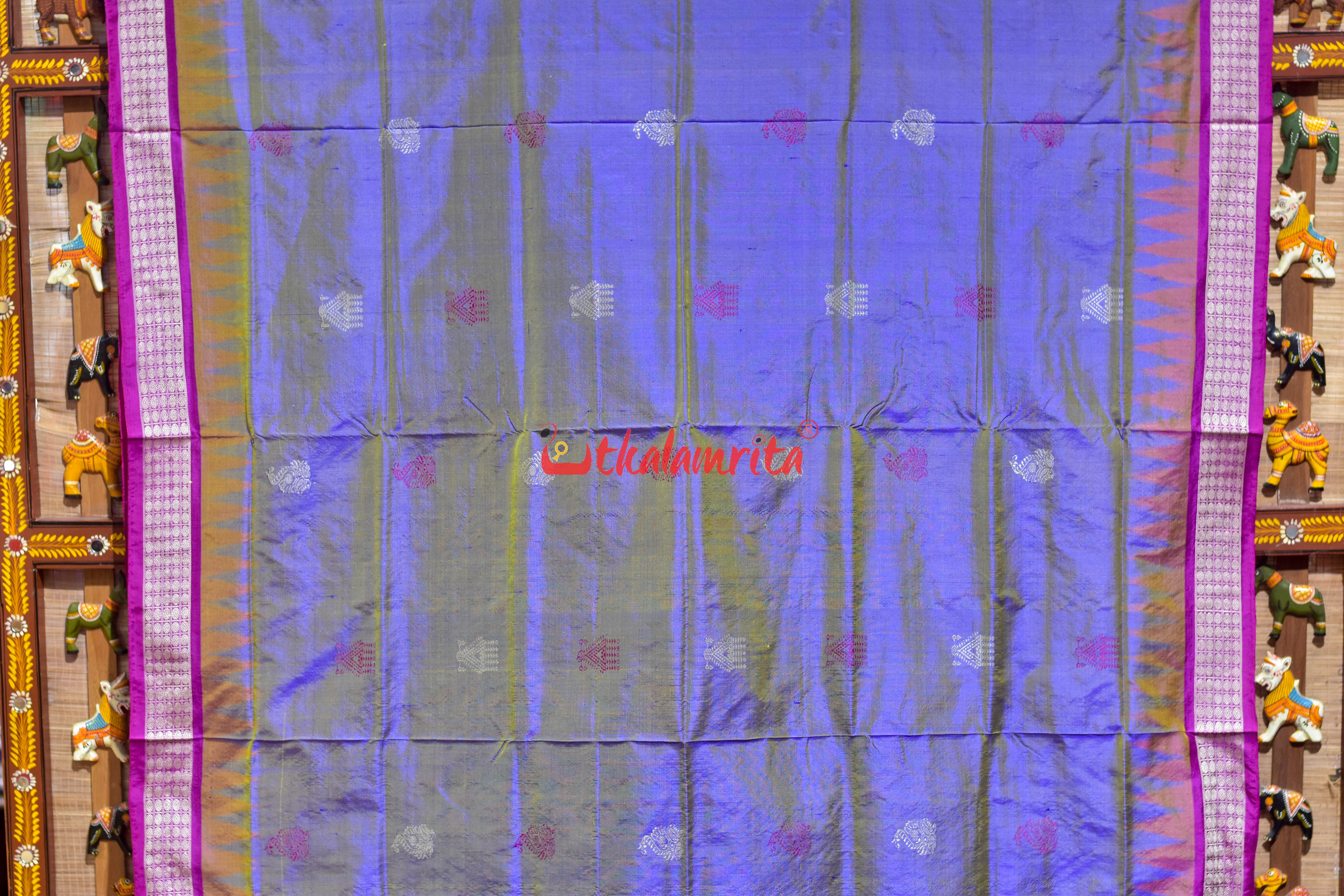 Golden Blue Rani Mayura Mukuta Bomkai Silk Saree