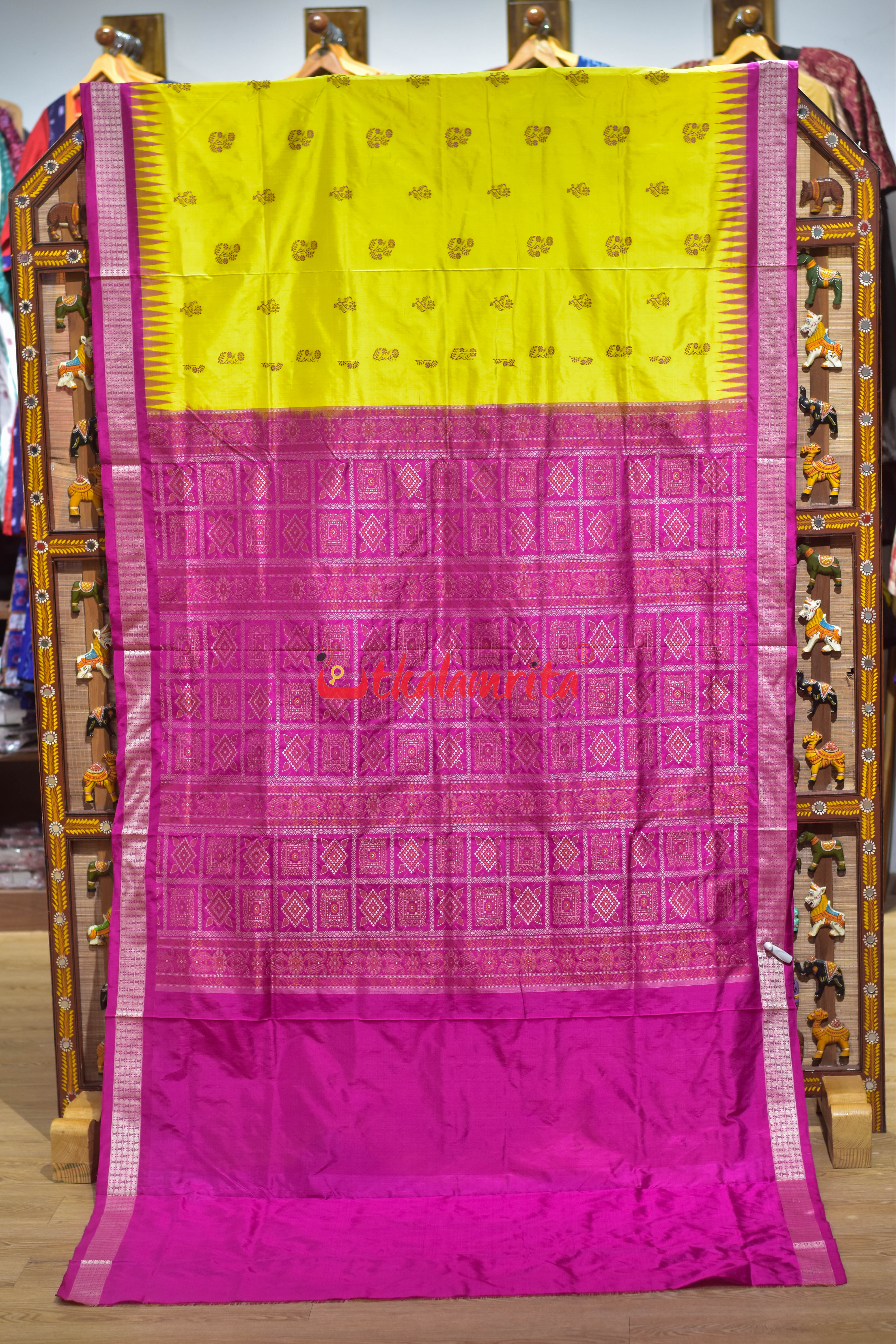 Lemon Yellow Rani Phula Dala Bomkai Silk Saree