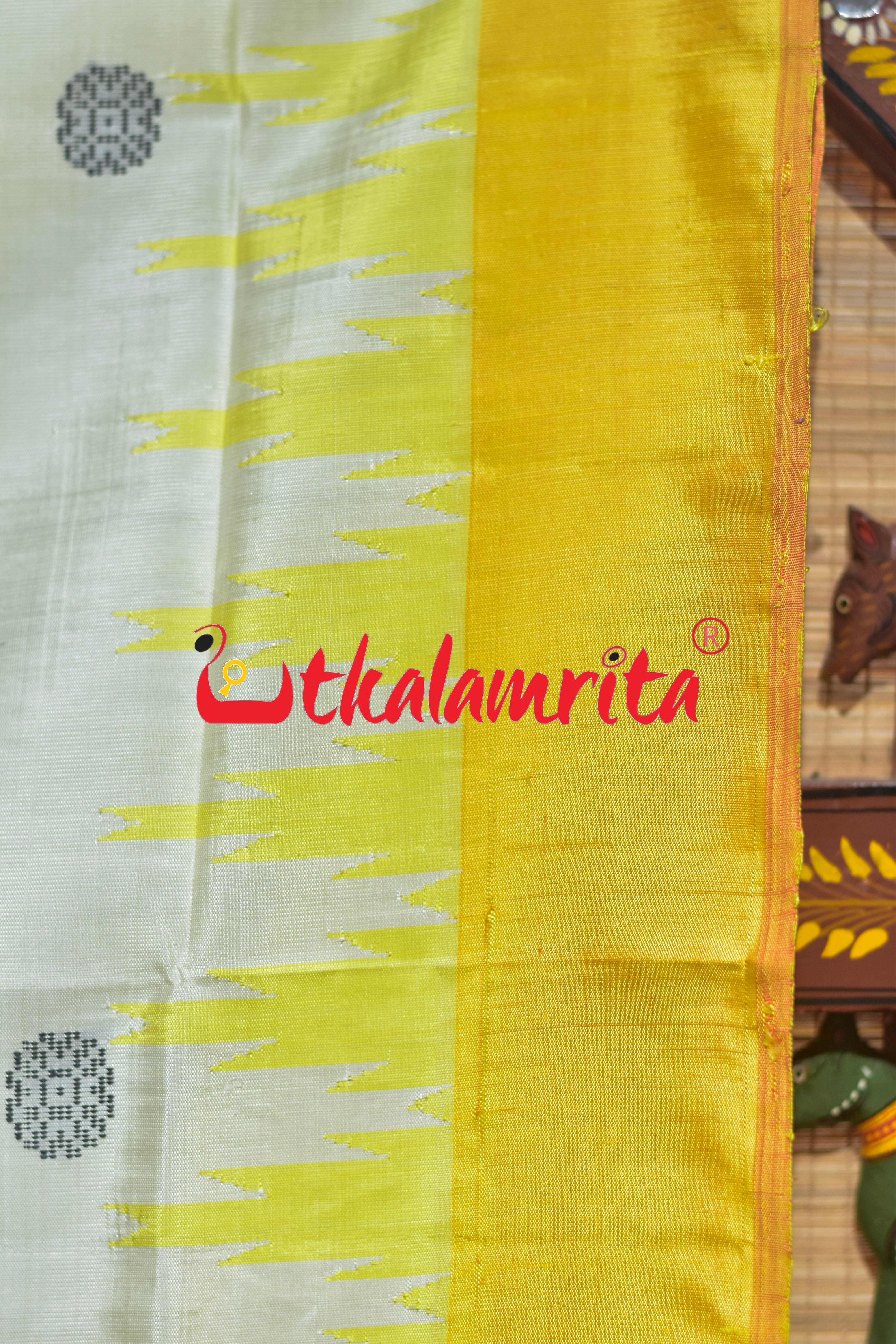 Off White Wine Yellow Border Double Anchal Berhampuri Silk Saree