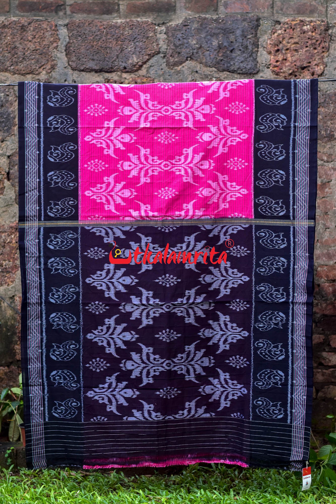 Pink Black Sankha Khandua Cotton Saree