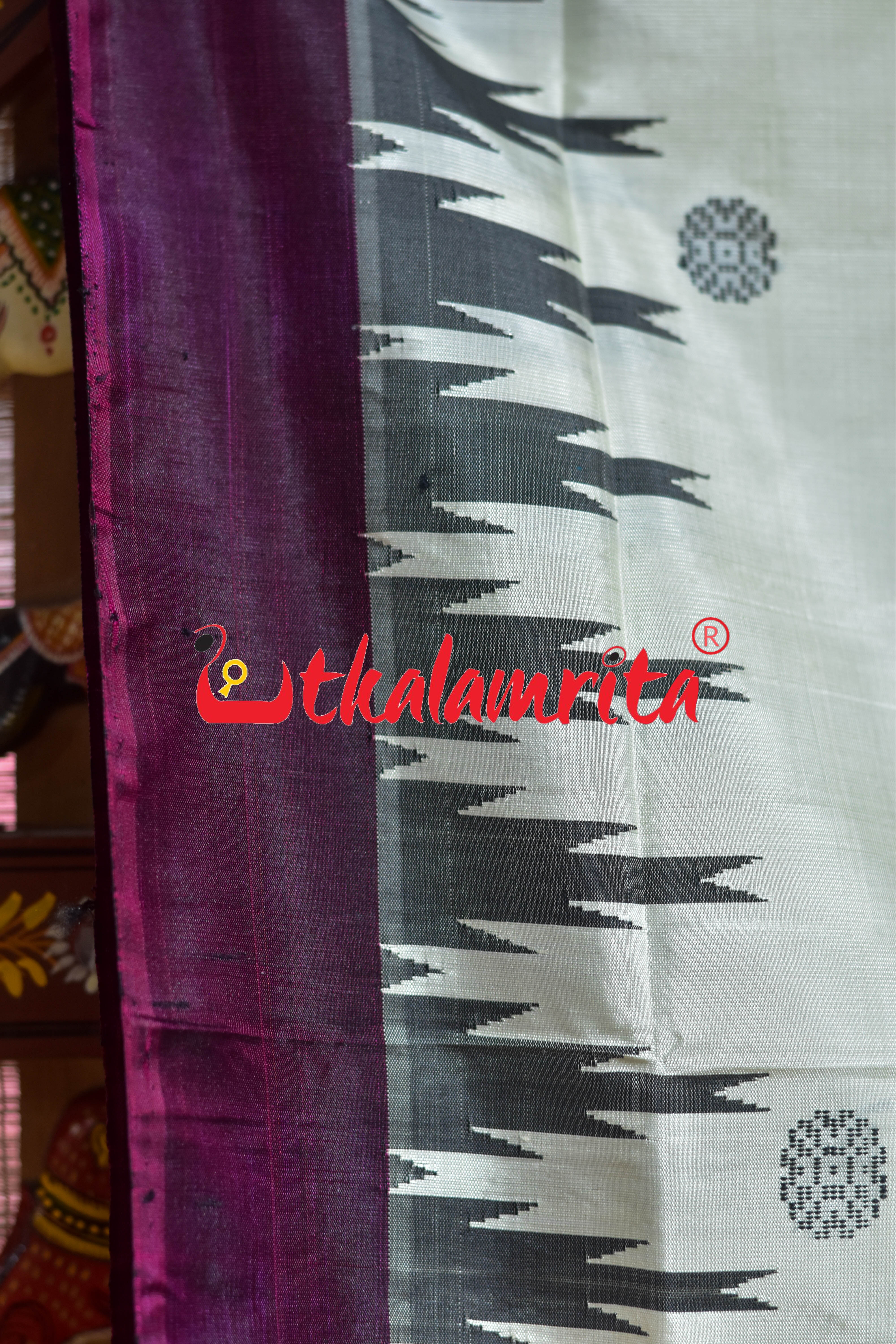 Off White Wine Yellow Border Double Anchal Berhampuri Silk Saree