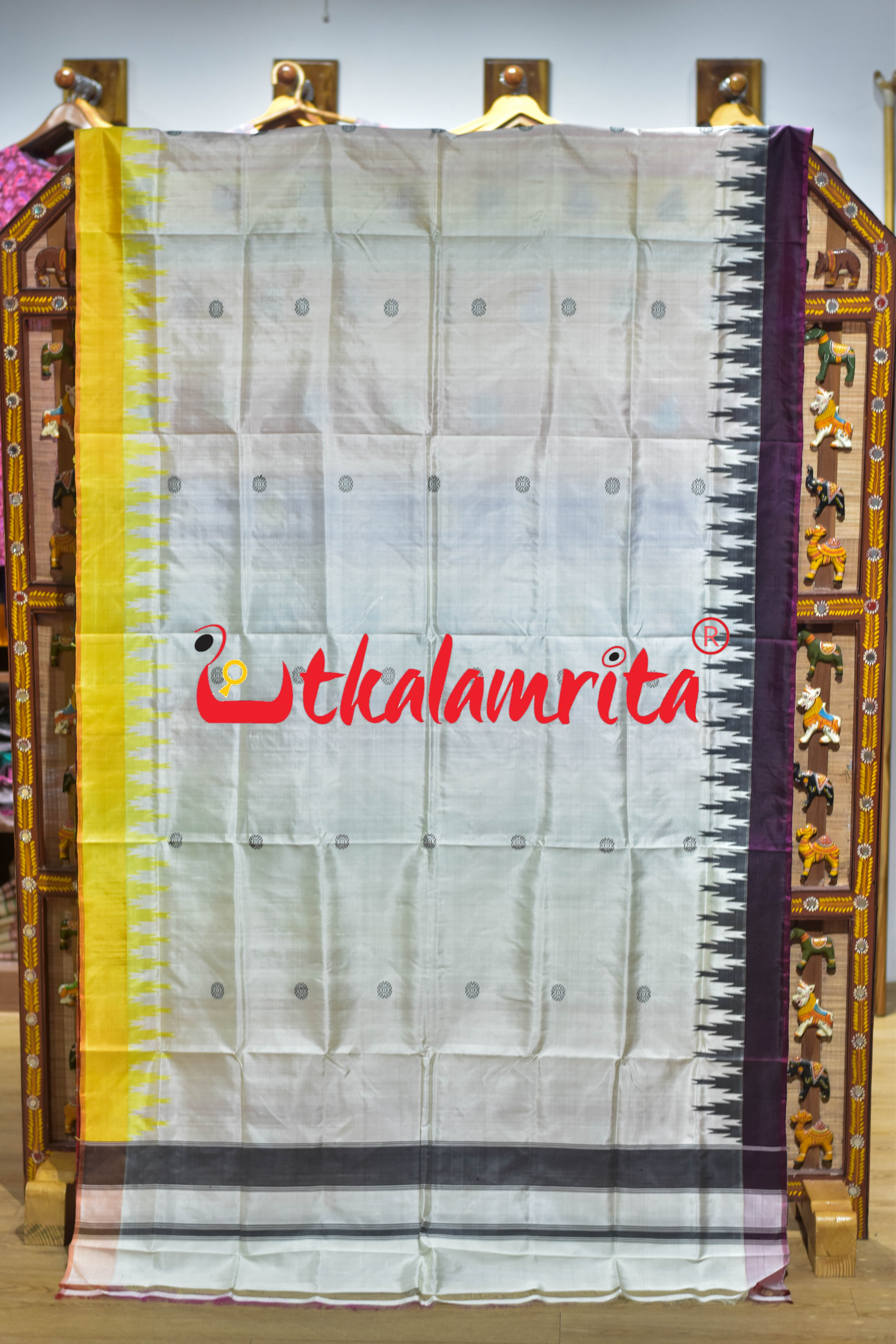 Off White Wine Yellow Border Double Anchal Berhampuri Silk Saree