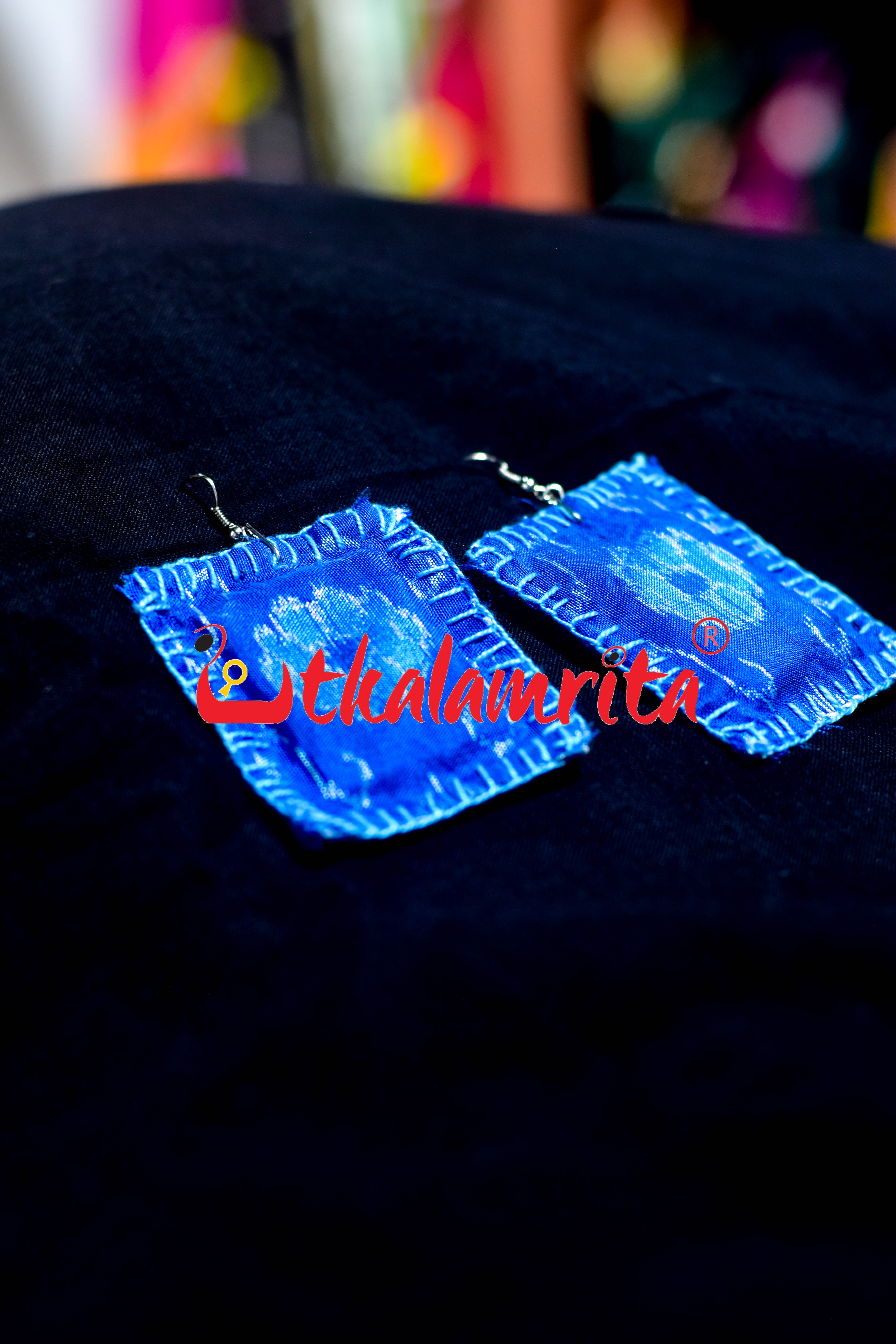 Blue Silk Rectangle Earrings
