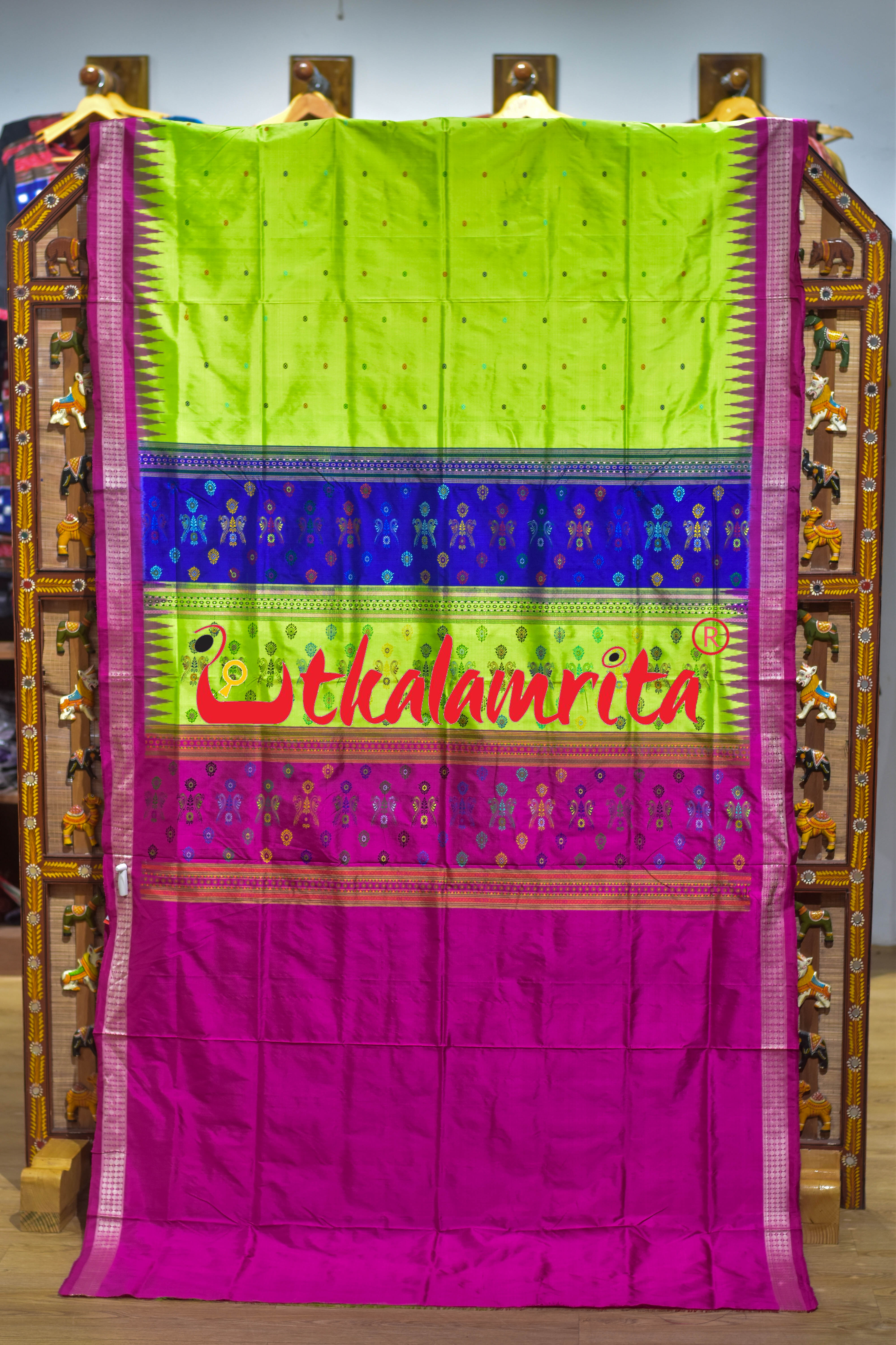 Prajapati Anchal Fluorescent Green Rani Bomkai Silk Saree