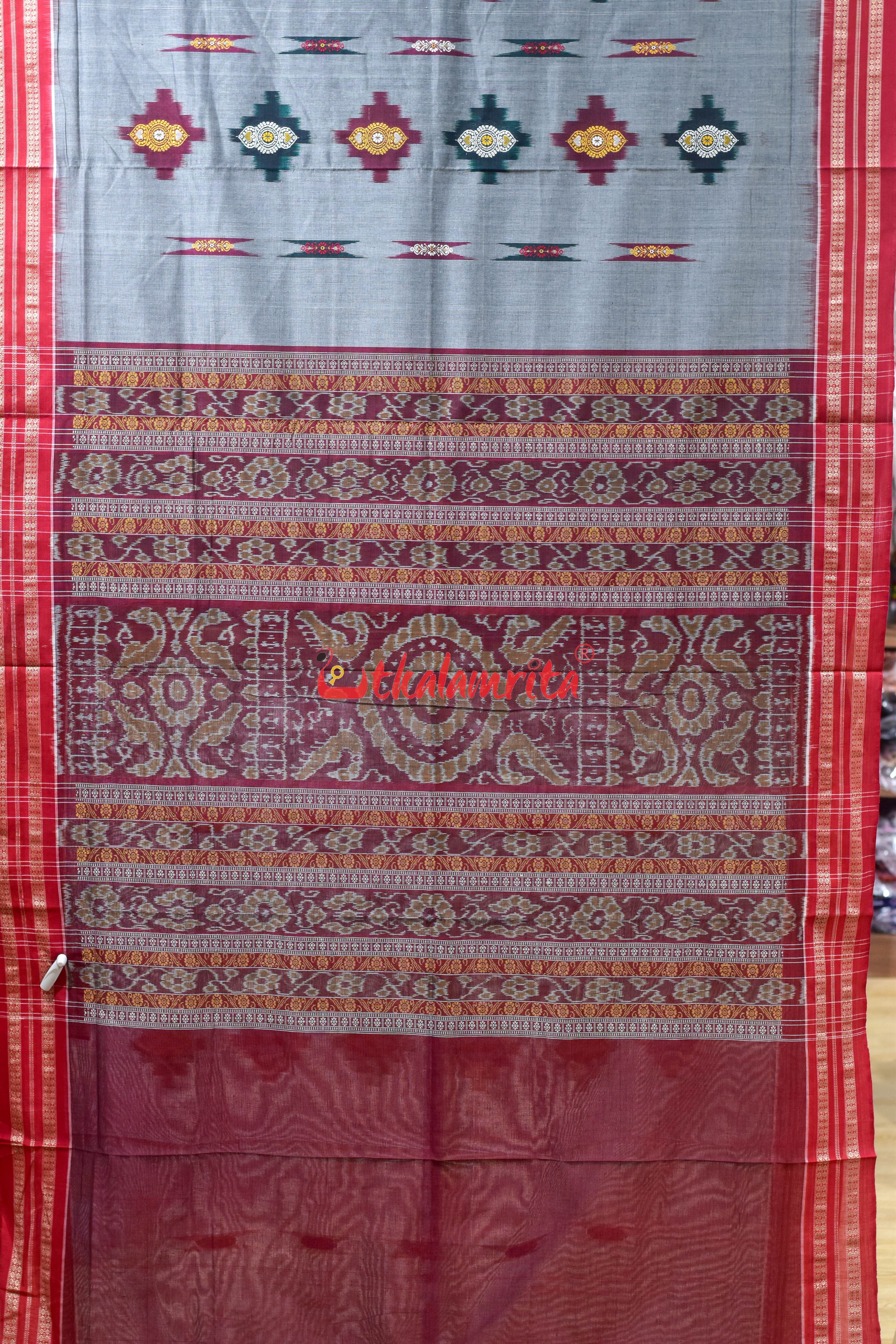 Grey Red Sakta Bomkai Cotton Saree