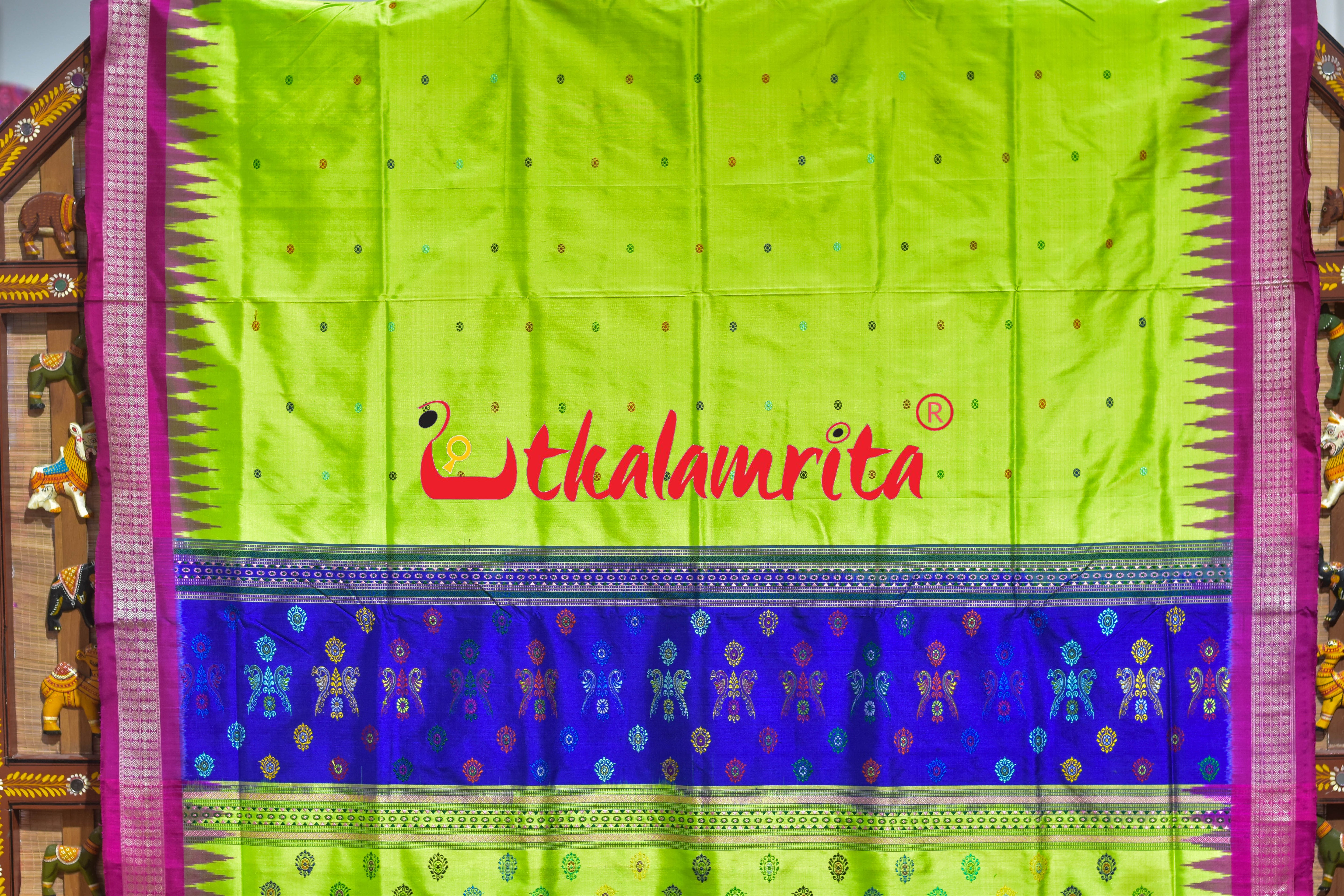 Prajapati Anchal Fluorescent Green Rani Bomkai Silk Saree