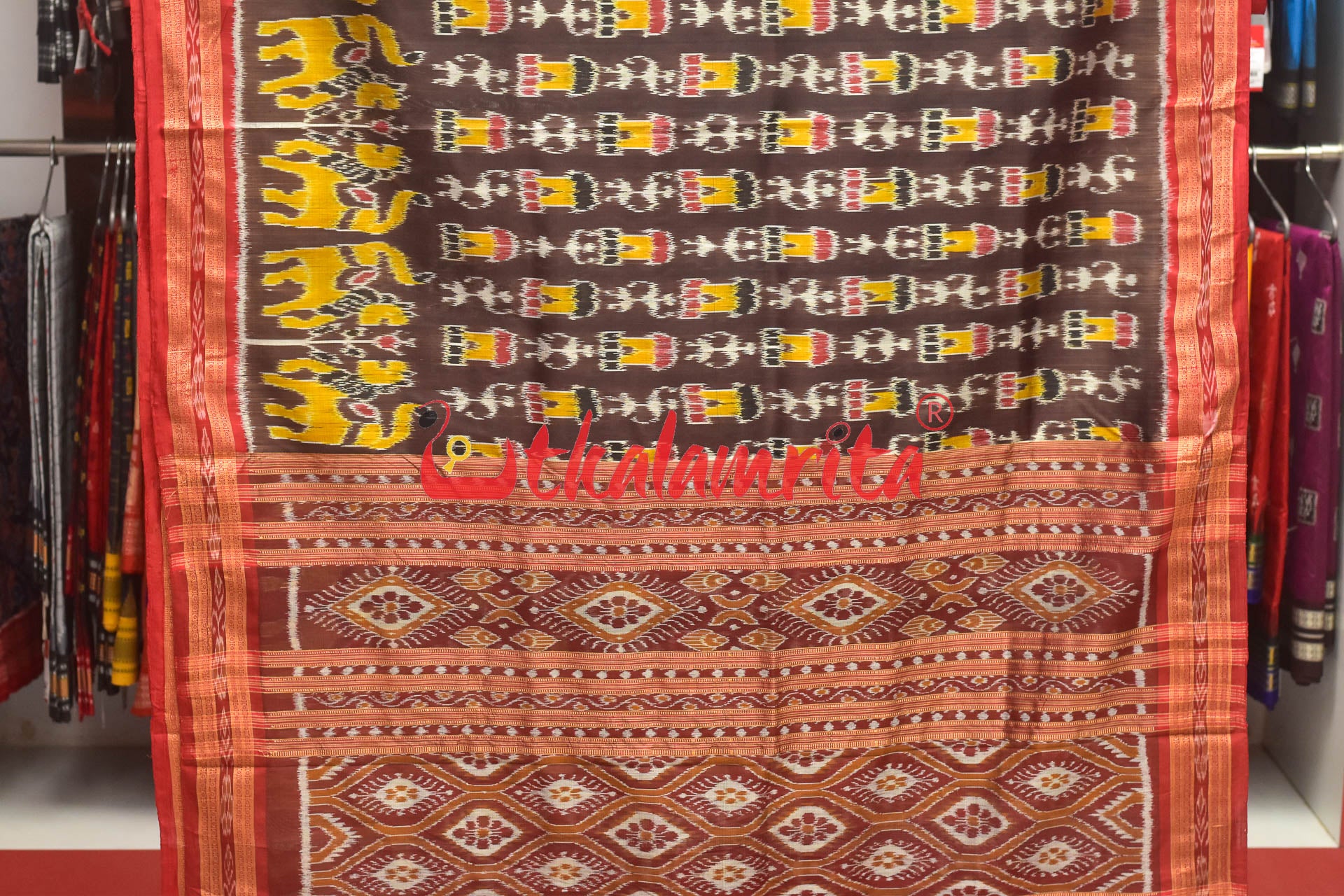 Coffee Lions and Huts Khandua Silk Saree